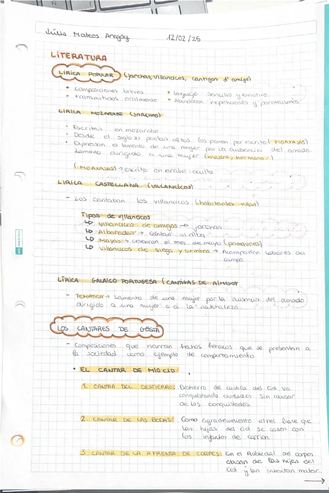 --- OCR Start ---
Júlia Mateos Aregay
12/02/25
LITERATURA
LIRICA POPULAR
(Jarchas, Villancicos, cantigas d' amigol
• Composiciones breves
• 
