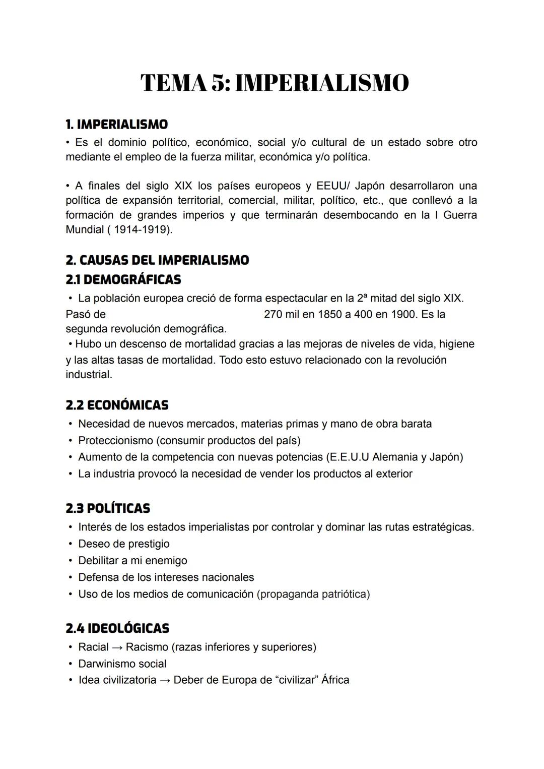 # TEMA 5: IMPERIALISMO

**1. IMPERIALISMO**

* Es el dominio político, económico, social y/o cultural de un estado sobre otro mediante el em