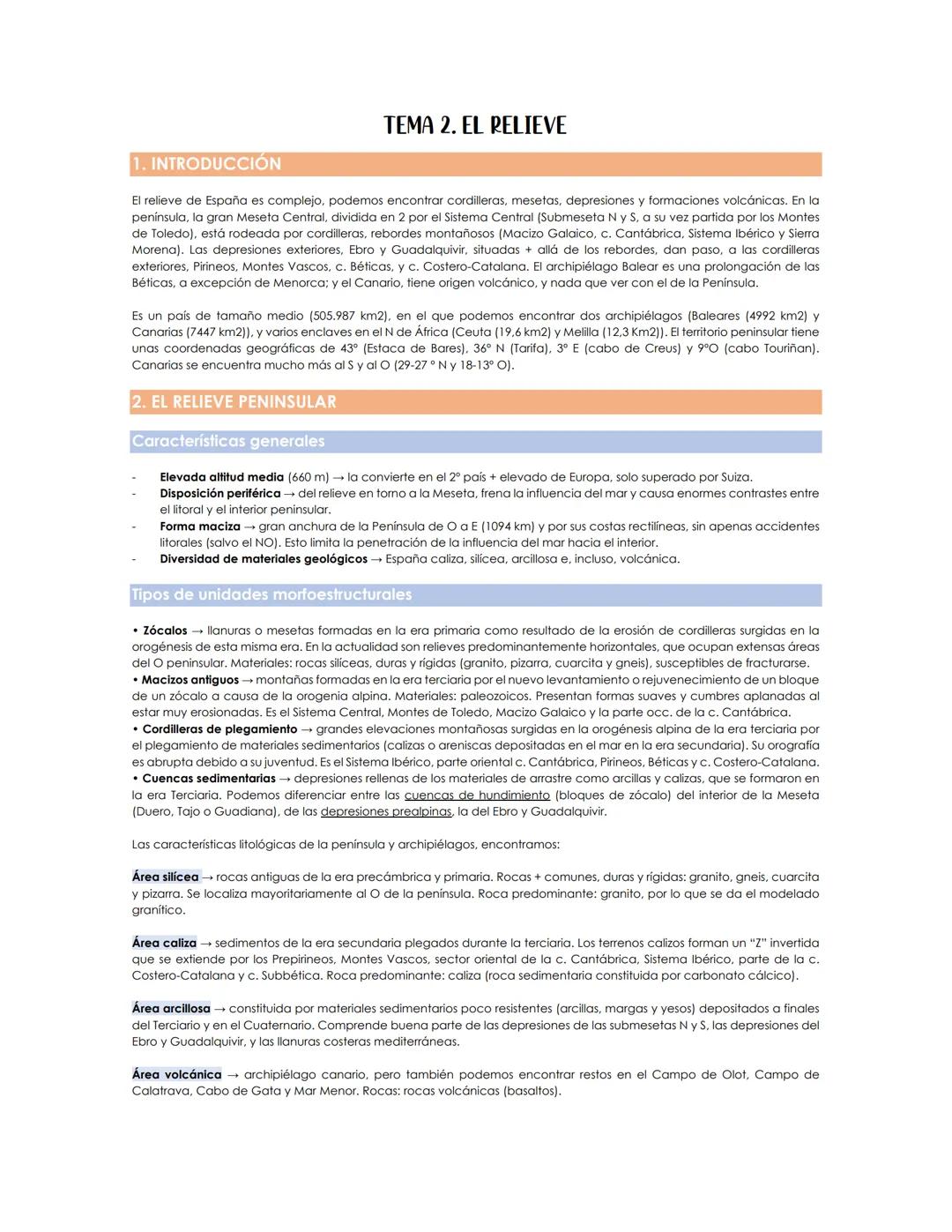 # TEMA 2. EL RELIEVE

1. INTRODUCCIÓN

El relieve de España es complejo, podemos encontrar cordilleras, mesetas, depresiones y formaciones v