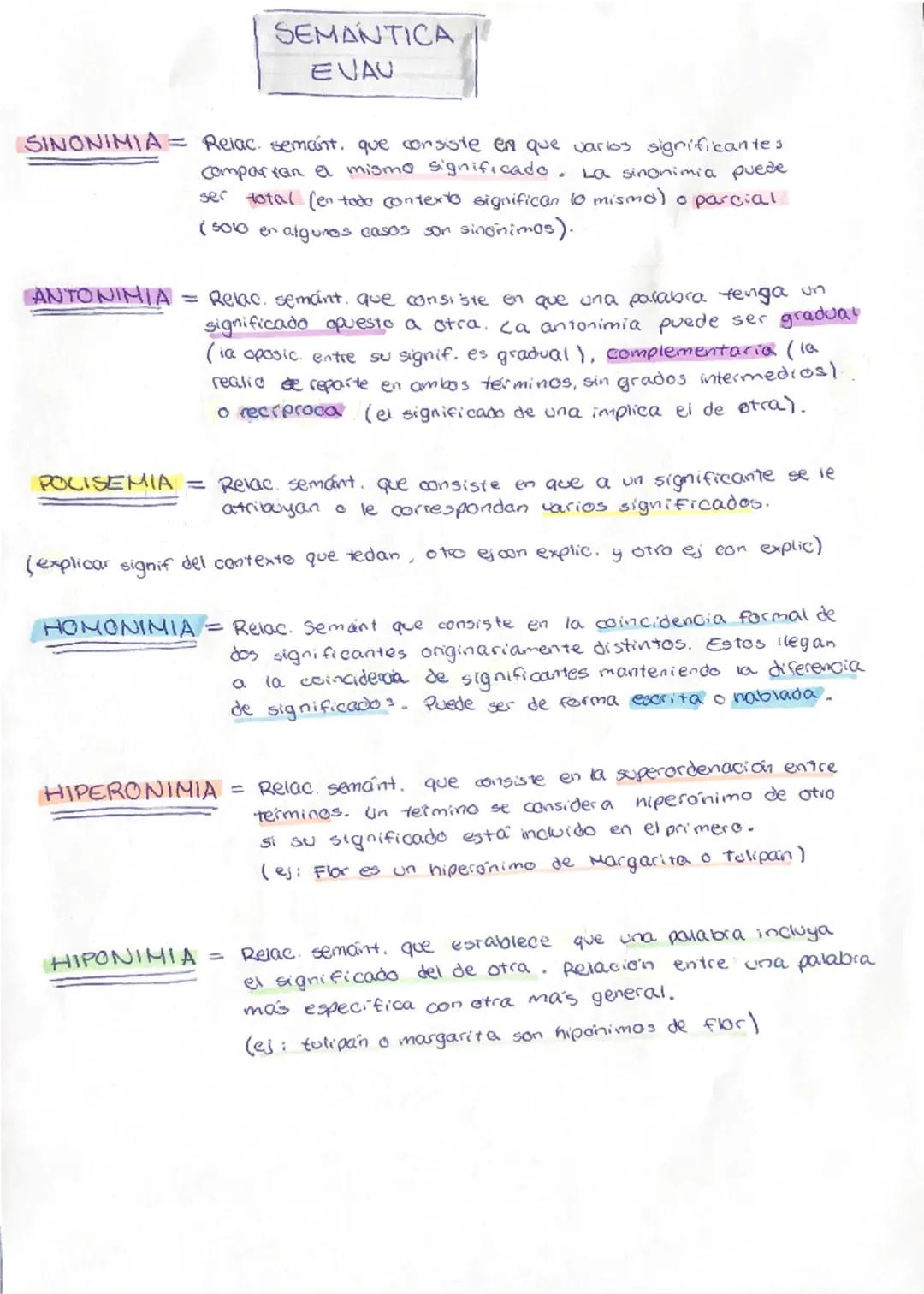 # SEMANTICA
EVAU

SINONIMIA Relac. semant. que consiste en que varios significantes
compartan el mismo significado. La sinonimia puede
ser t