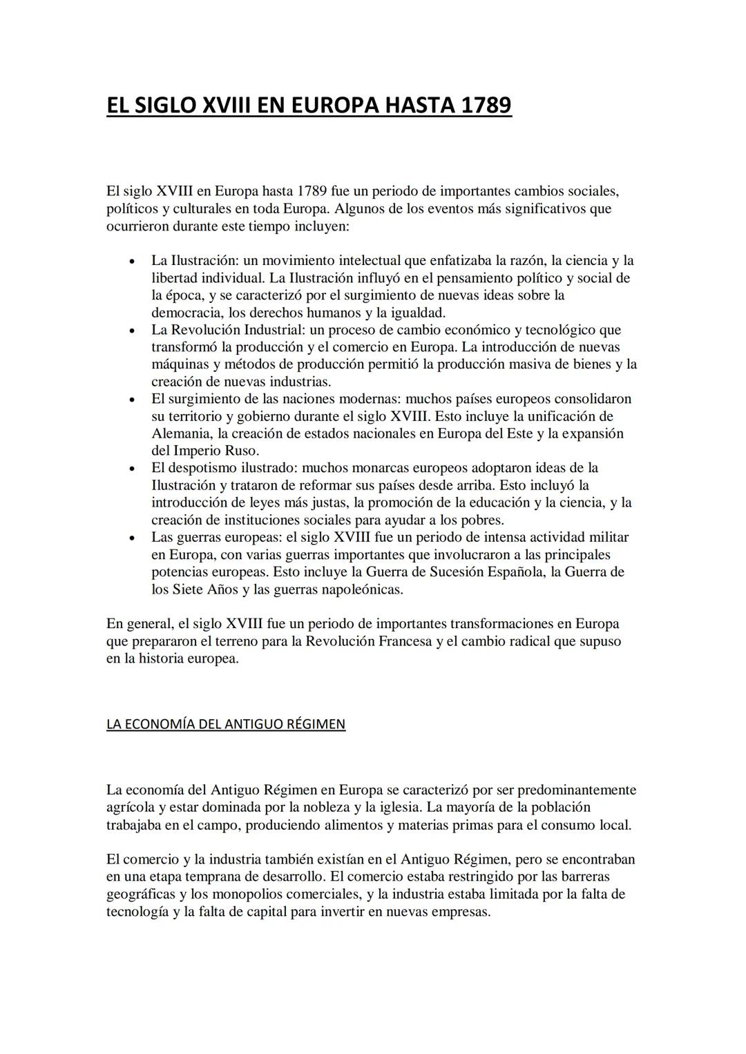 EL SIGLO XVIII EN EUROPA HASTA 1789
El siglo XVIII en Europa hasta 1789 fue un periodo de importantes cambios sociales,
políticos y cultural