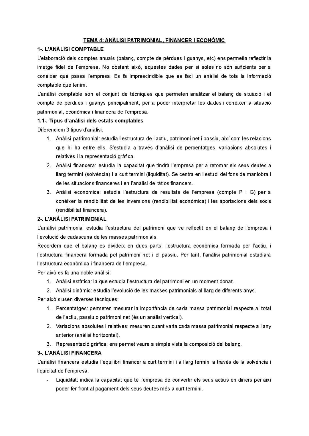 Análisis Financiero y Económico de Economía de la Empresa - 2º Bachillerato Apuntes en Catalán