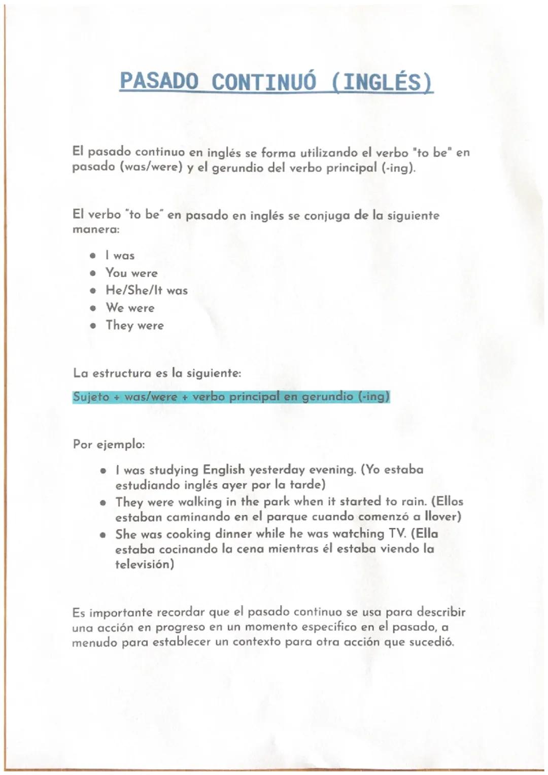 PASADO CONTINUÓ (INGLÉS)
El pasado continuo en inglés se forma utilizando el verbo "to be" en
pasado (was/were) y el gerundio del verbo prin