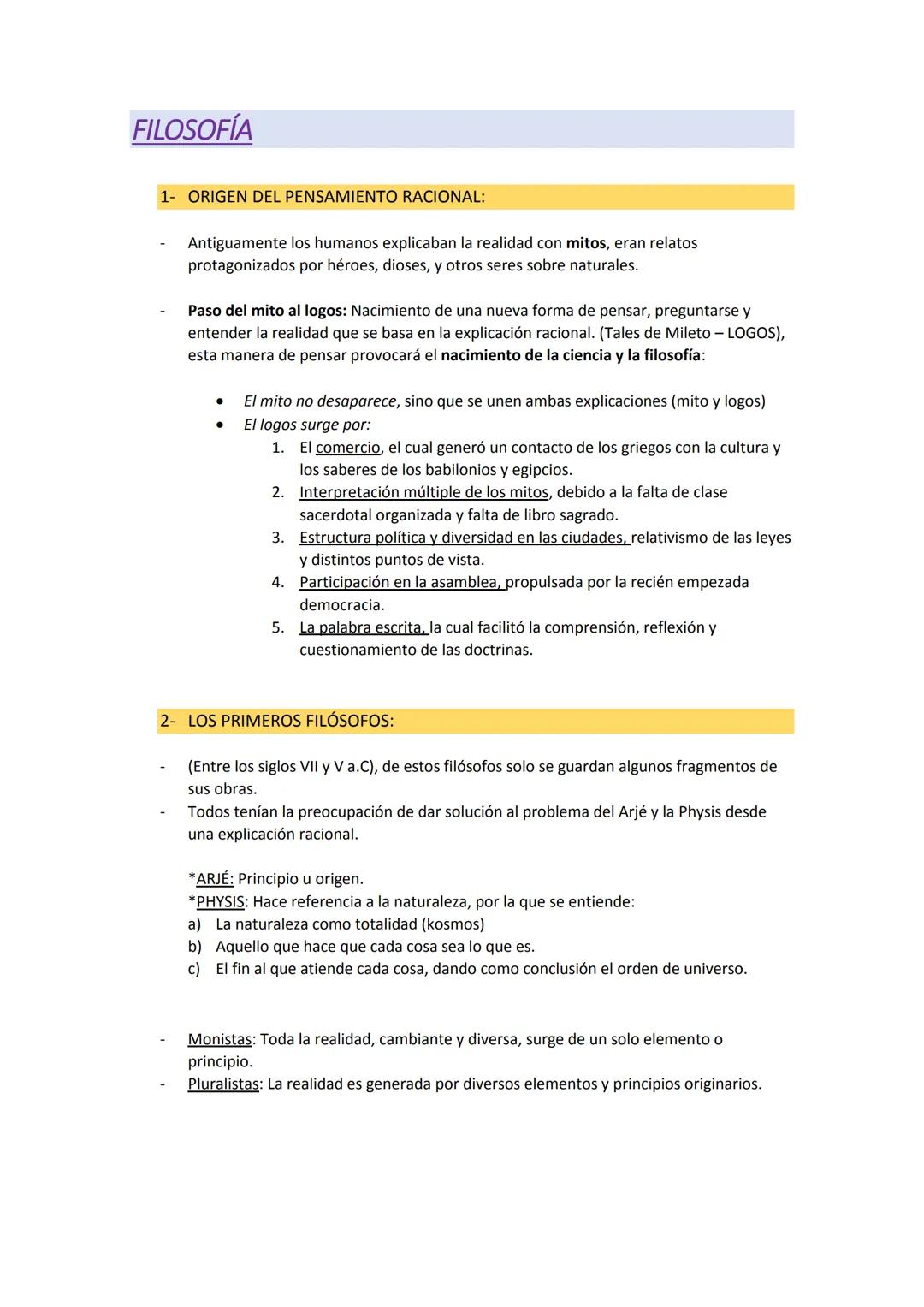 FILOSOFÍA
1- ORIGEN DEL PENSAMIENTO RACIONAL:
Antiguamente los humanos explicaban la realidad con mitos, eran relatos
protagonizados por hér