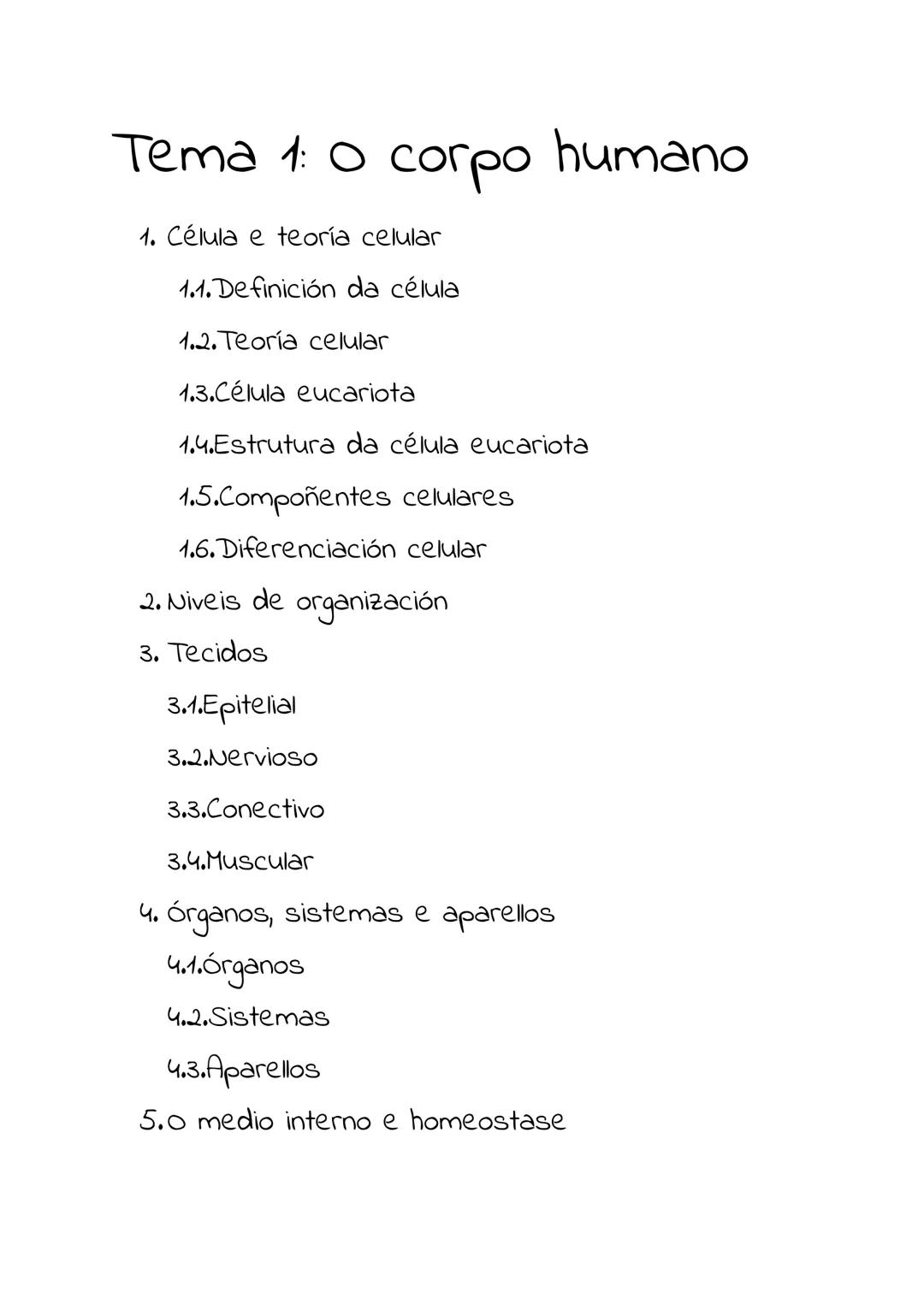 Tema 1: 0 corpo humano
1. Célula e teoría celular
1.1. Definición da célula
1.2. Teoría celular
1.3.Célula eucariota
1.4.Estrutura da célula