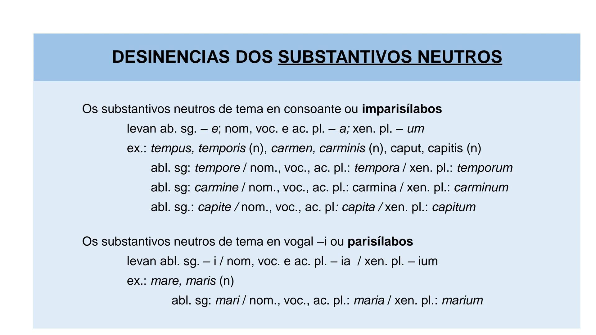 3a declinación
Pret. Imperf. Ind. (Copretérito)
UNIDADE 5 3a DECLINACIÓN
Enunciado: nominativo: – variable / xenitivo: - is
Temas: consoante