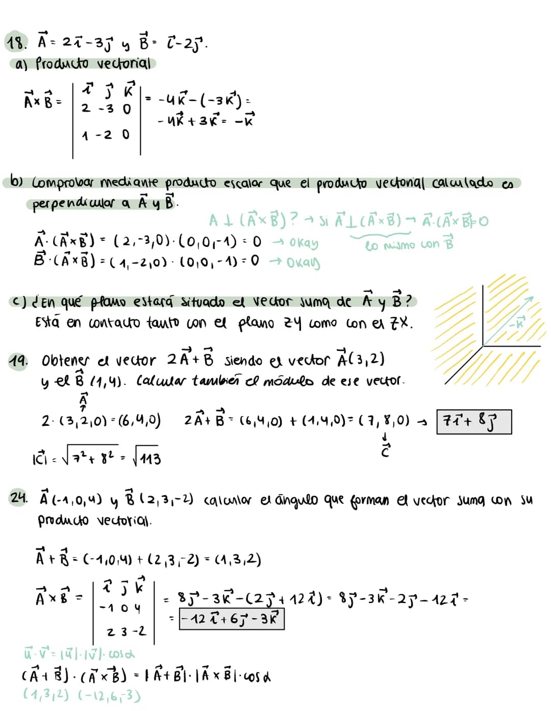 Ejercicios vectores
12. Calcular el producto vectorial así como el área del triângulo que definen los
vectores a (1,2,1) y b = 21²-35².
axb=