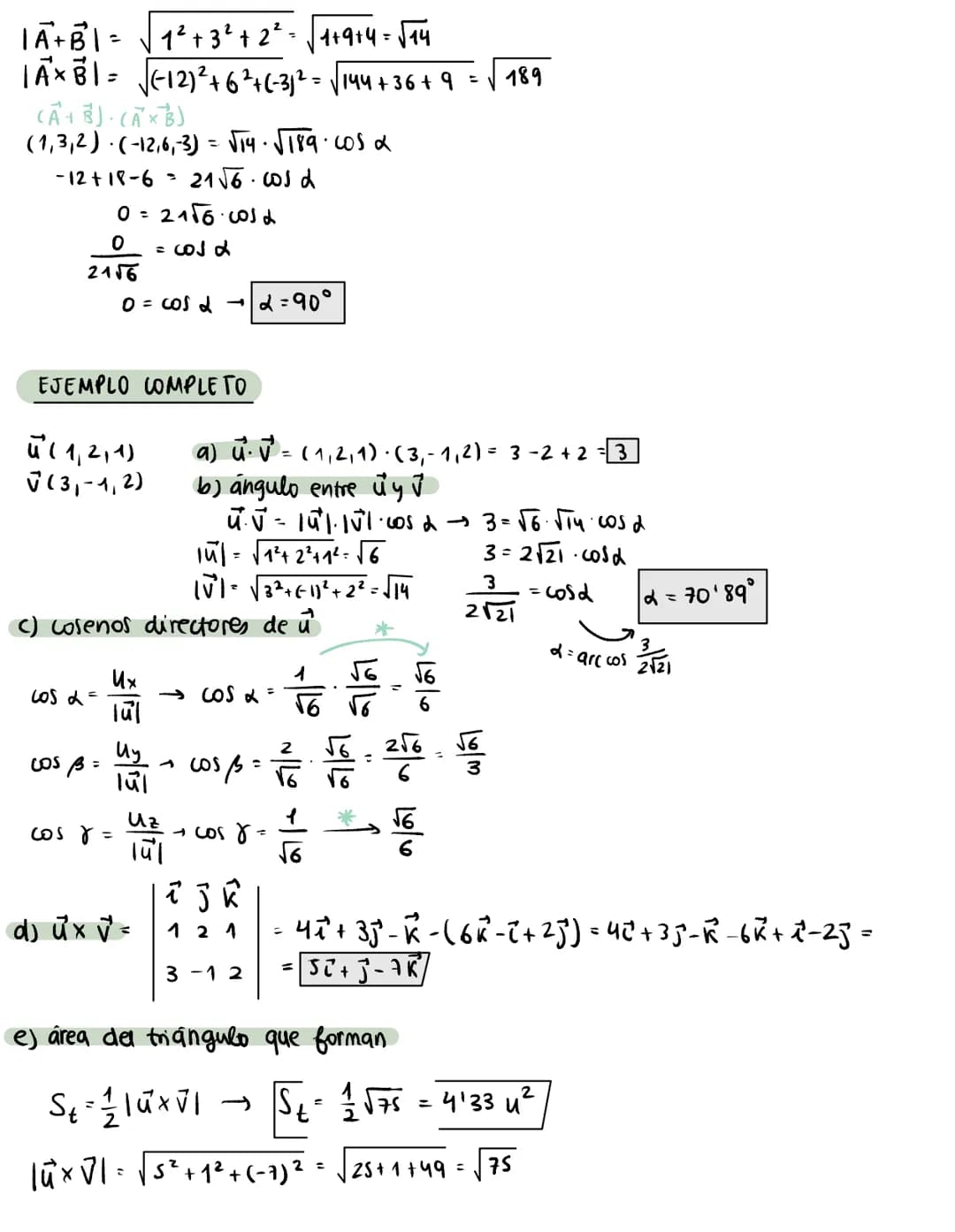 Ejercicios vectores
12. Calcular el producto vectorial así como el área del triângulo que definen los
vectores a (1,2,1) y b = 21²-35².
axb=