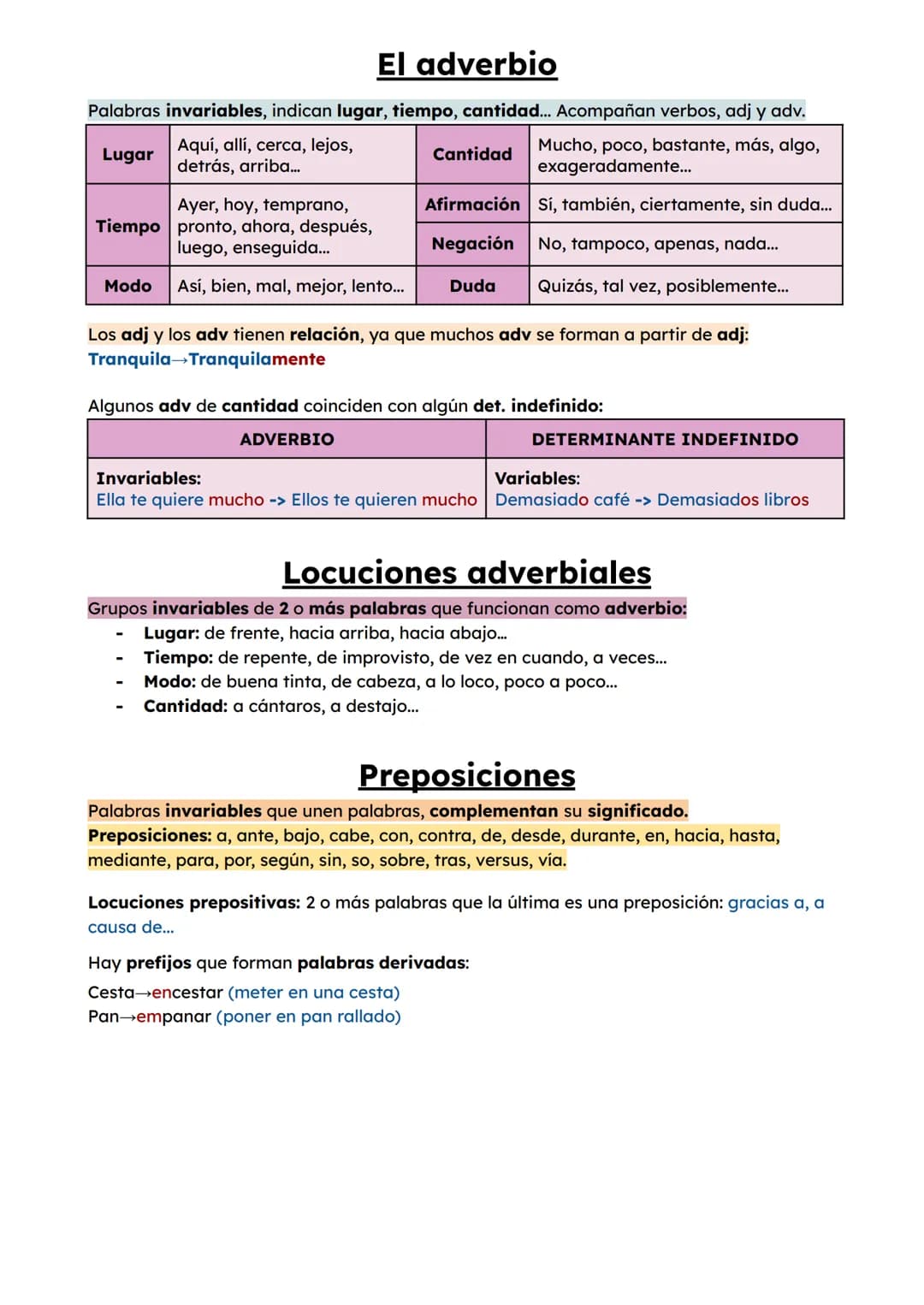 El adverbio
Palabras invariables, indican lugar, tiempo, cantidad... Acompañan verbos, adj y adv.
Mucho, poco, bastante, más, algo,
exagerad