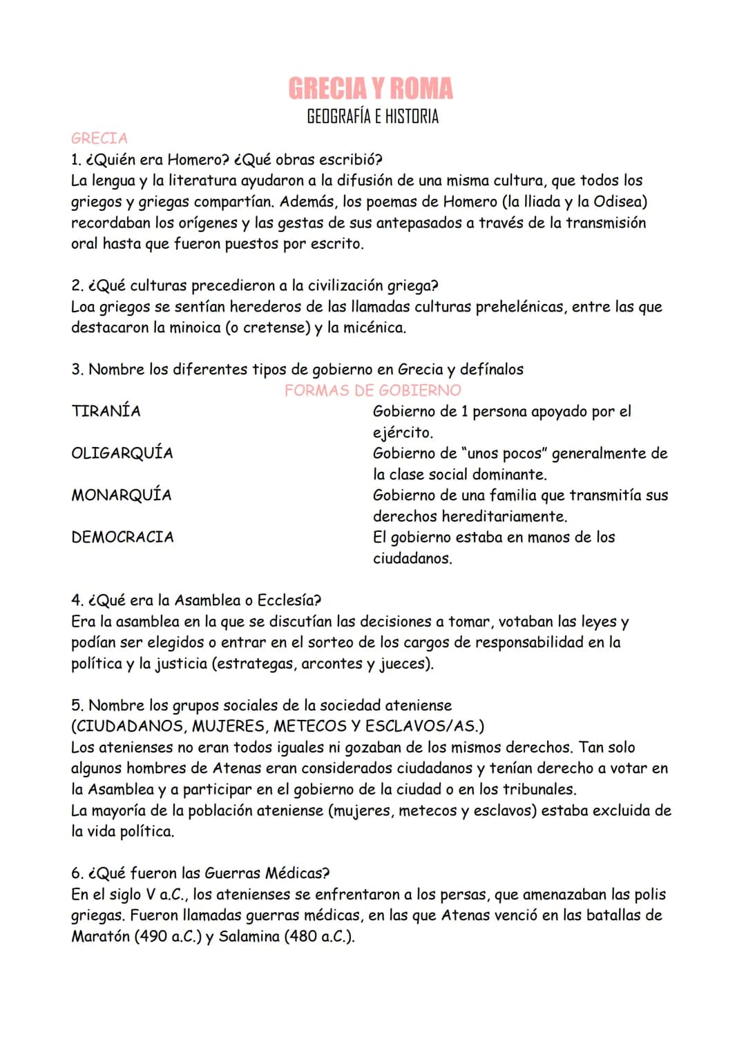 GRECIA
1. ¿Quién era Homero? ¿Qué obras escribió?
La lengua y la literatura ayudaron a la difusión de una misma cultura, que todos los
grieg