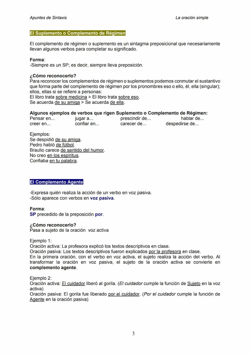 Apuntes de Sintaxis
EL SUJETO
APUNTES DE SINTAXIS
LA ORACIÓN SIMPLE
Forma:
No lleva preposición. Por ello, siempre es un SN, un pronombre o 