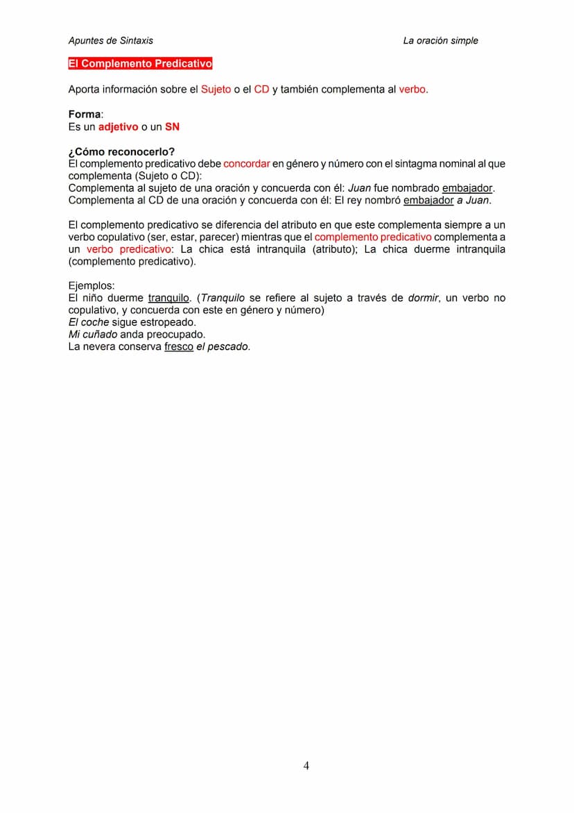 Apuntes de Sintaxis
EL SUJETO
APUNTES DE SINTAXIS
LA ORACIÓN SIMPLE
Forma:
No lleva preposición. Por ello, siempre es un SN, un pronombre o 