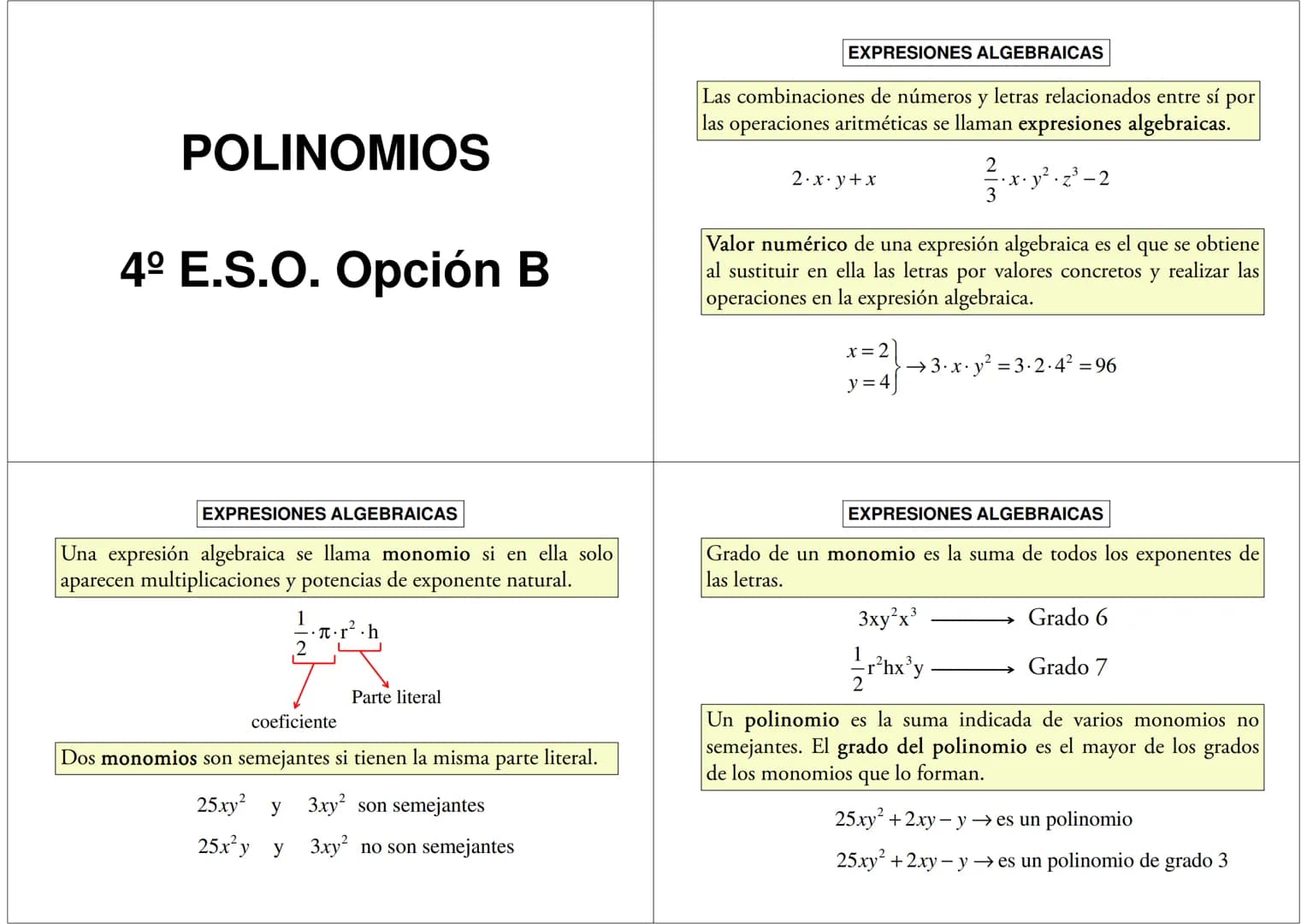 EXPRESIONES ALGEBRAICAS
Las combinaciones de números y letras relacionados entre sí
las operaciones aritméticas se llaman expresiones algebr