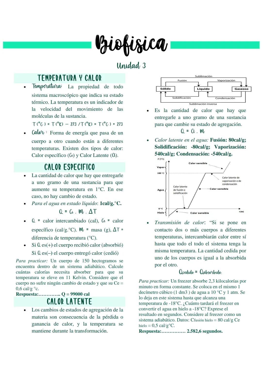 ●
●
Biofisica
Unidad 3
TEMPERATURA Y CALOR
Temperatura La propiedad de todo
sistema macroscópico que indica su estado
térmico. La temperatur