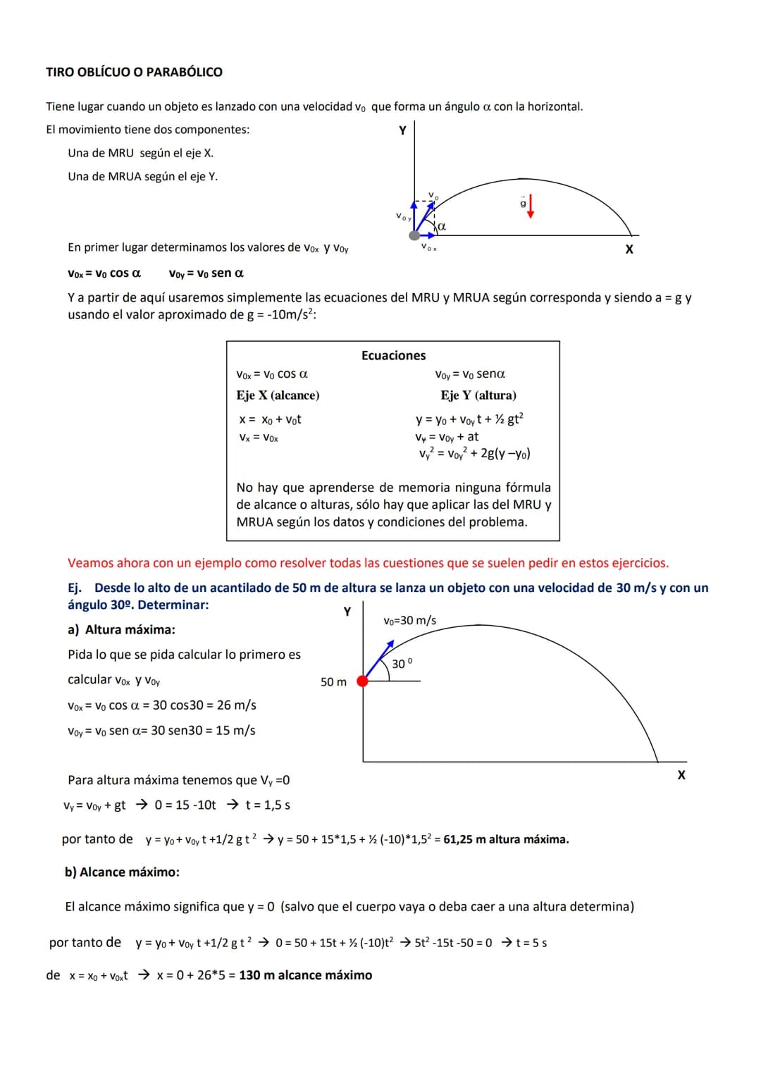 TIRO OBLÍCUO O PARABÓLICO
Tiene lugar cuando un objeto es lanzado con una velocidad vo que forma un ángulo a con la horizontal.
El movimient