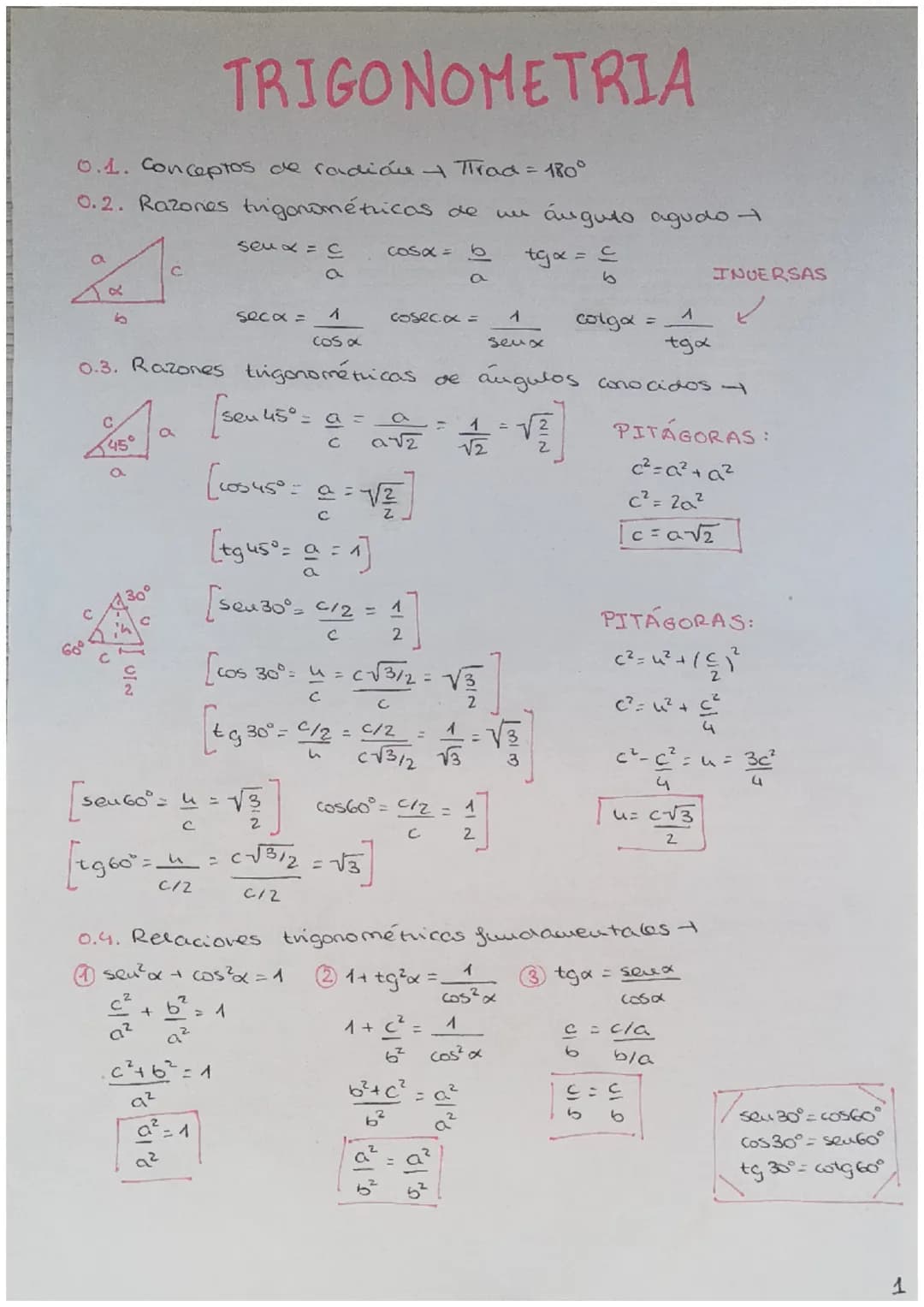 0.1. Conceptos de radián + Thrad = 180°
0.2. Razones trigonométricas de
seu x = C
cosae b
a
21²
С
VIN
TRIGONOMETRIA
들
secx =
[10545° = @= 1/