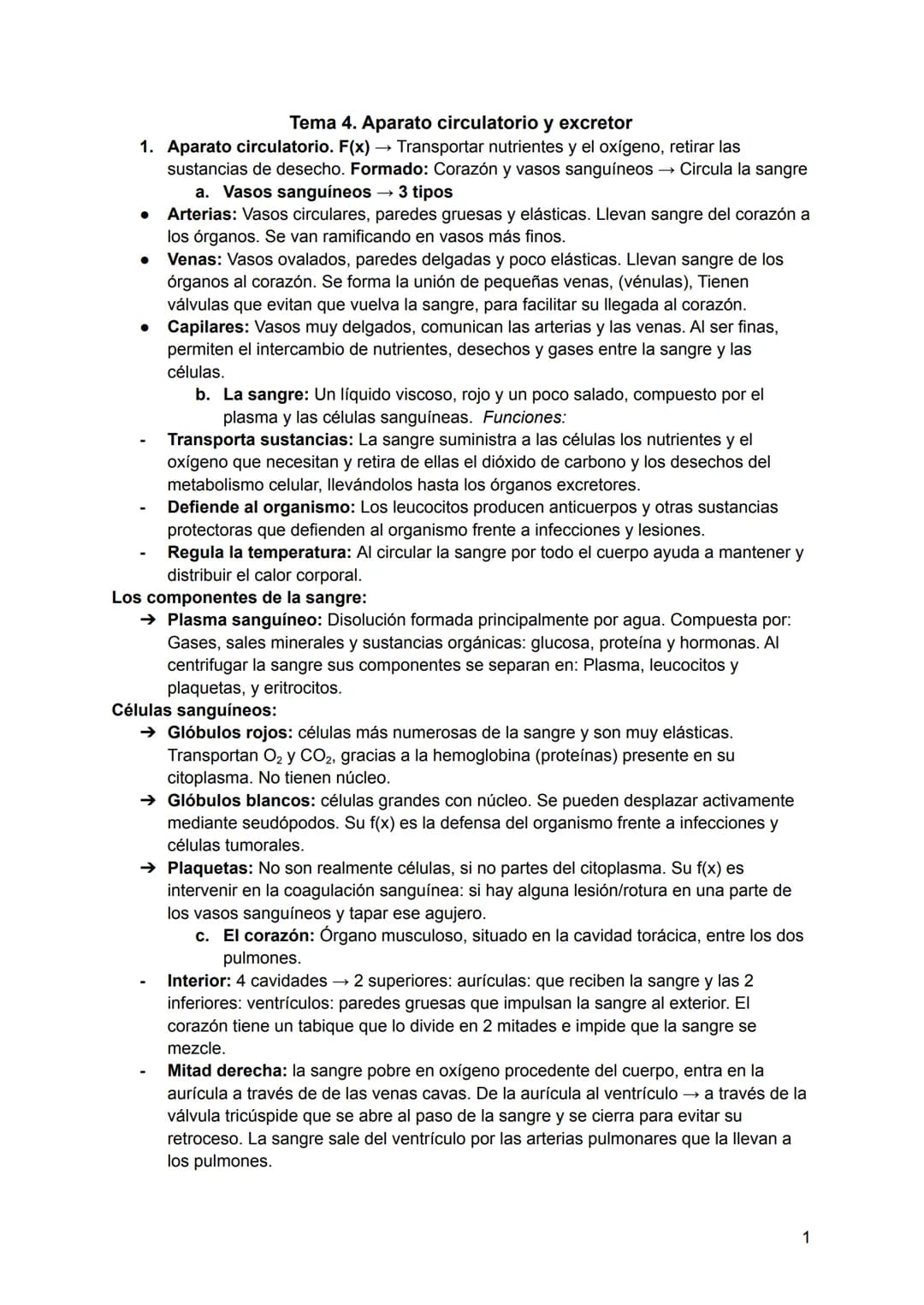 Tema 4. Aparato circulatorio y excretor
1. Aparato circulatorio. F(x). → Transportar nutrientes y el oxígeno, retirar las
sustancias de dese