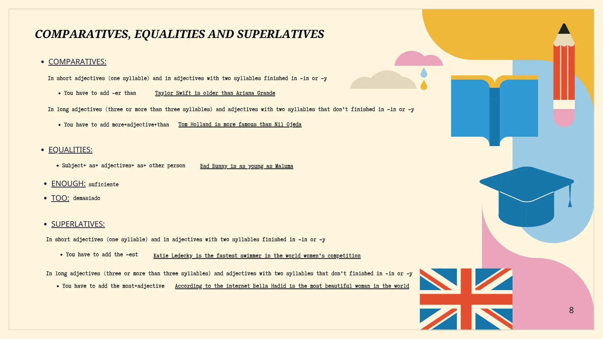 # ALL OF
ENGLISH

Made by Raquel A. VERBAL TENSES
• PRESENT:
SIMPLE: for schedules/habitual situations, truths
CLUES TO IDENTIFY THIS TENSE: