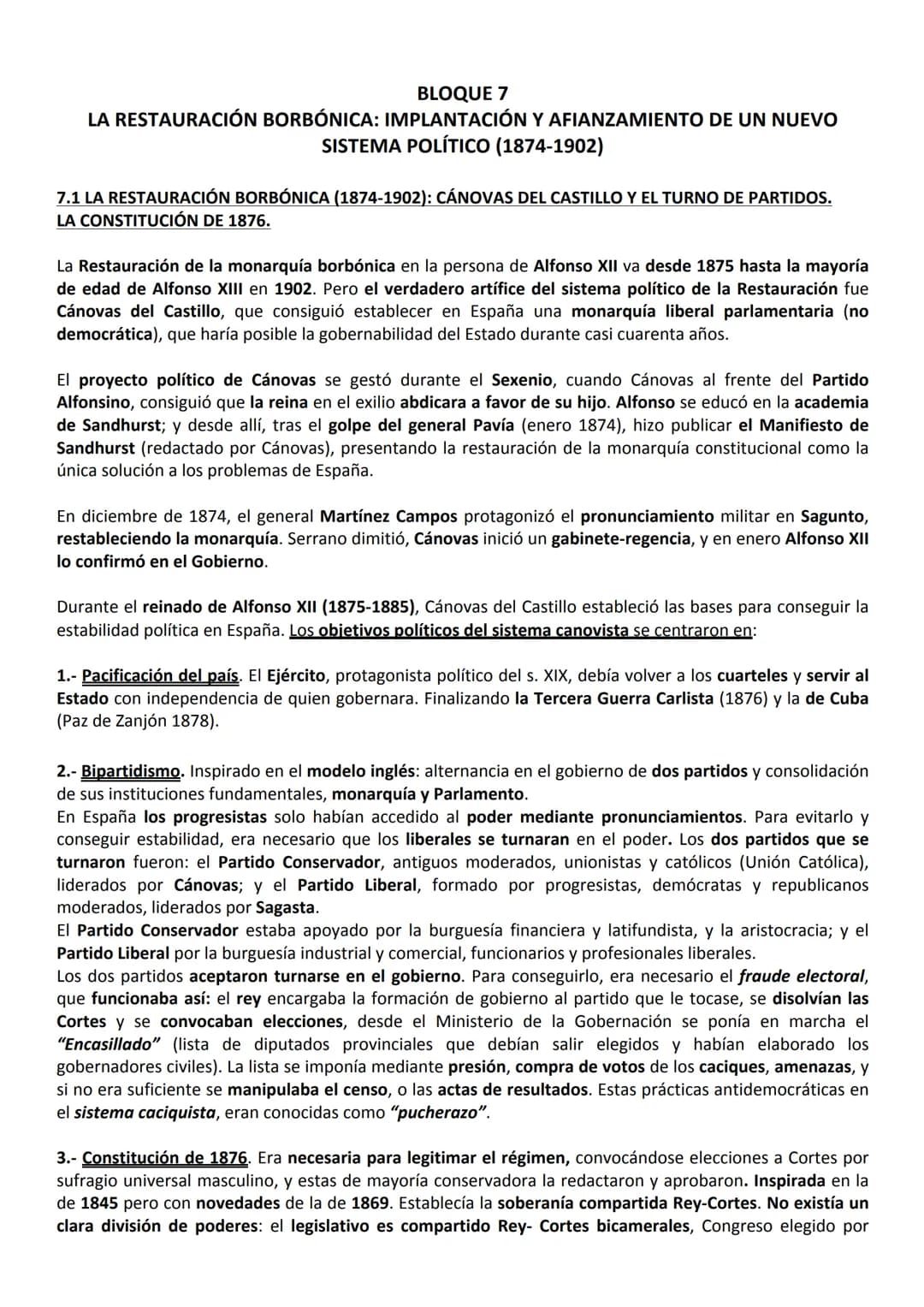 BLOQUE 7
LA RESTAURACIÓN BORBÓNICA: IMPLANTACIÓN Y AFIANZAMIENTO DE UN NUEVO
SISTEMA POLÍTICO (1874-1902)
7.1 LA RESTAURACIÓN BORBÓNICA (187