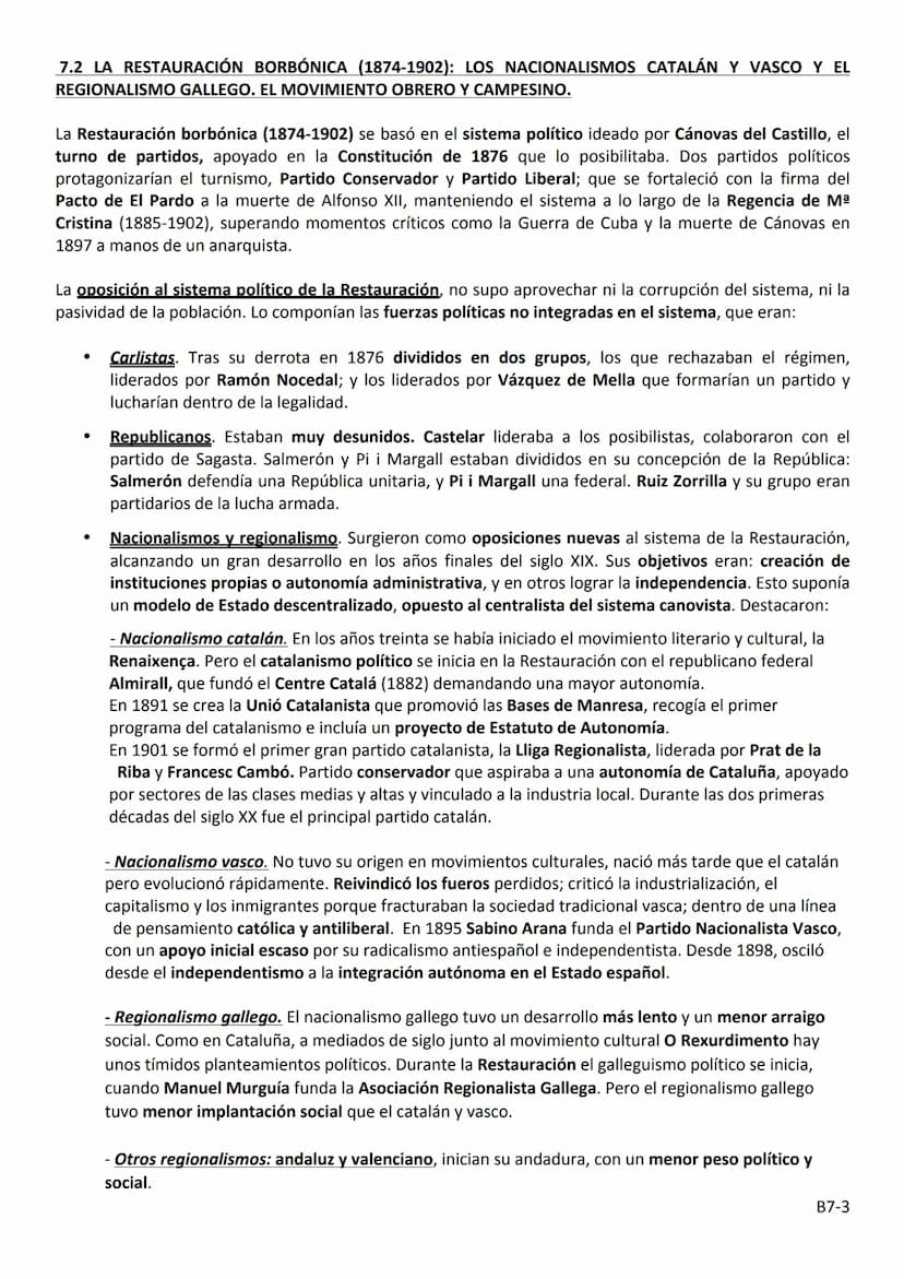 BLOQUE 7
LA RESTAURACIÓN BORBÓNICA: IMPLANTACIÓN Y AFIANZAMIENTO DE UN NUEVO
SISTEMA POLÍTICO (1874-1902)
7.1 LA RESTAURACIÓN BORBÓNICA (187