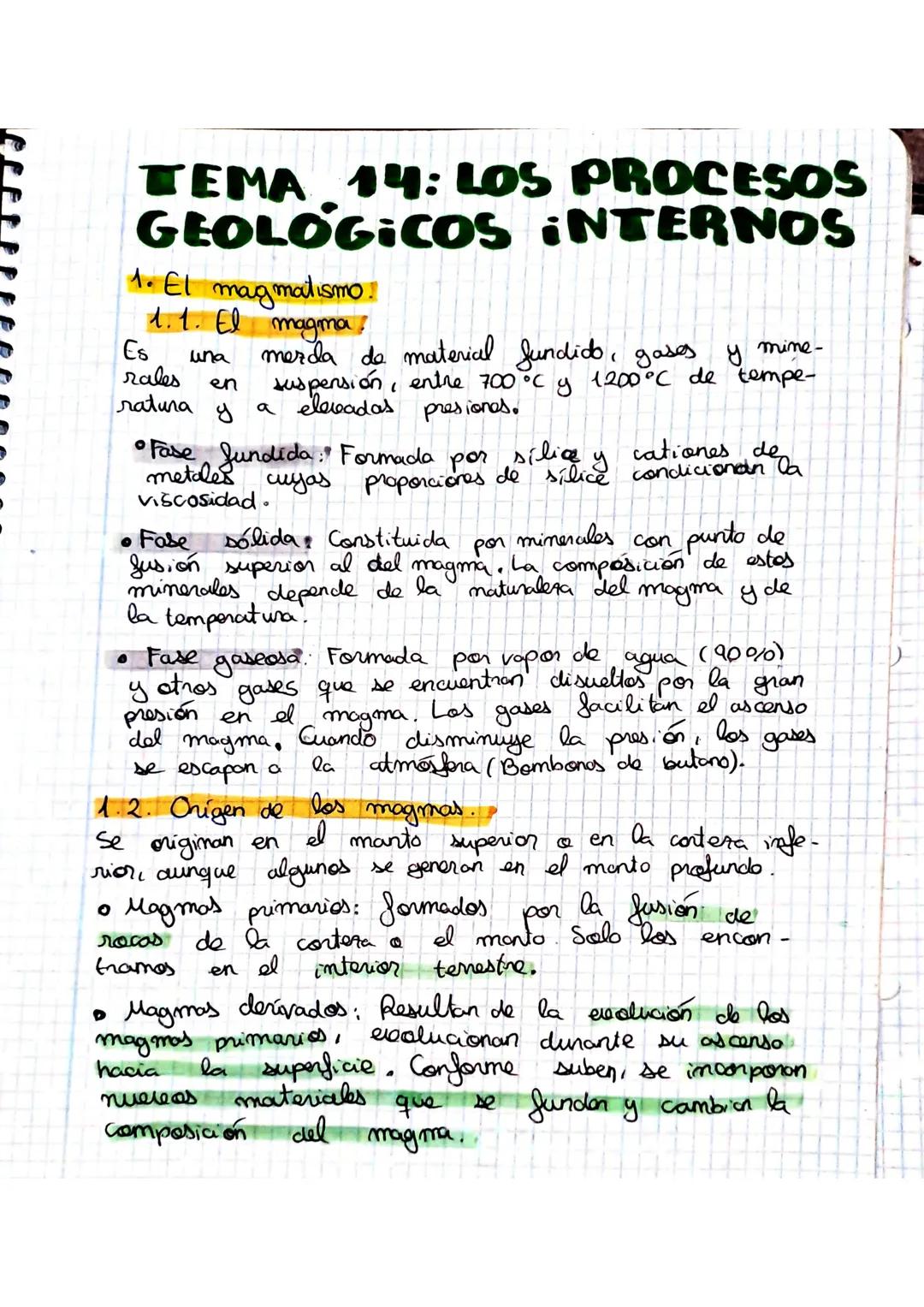 # TEMA 14: LOS PROCESOS
GEOLÓGICOS INTERNOS

1. El magmatismo.

1.  1. El magma

Es una merda de material fundido, gases y mine-
rales en su