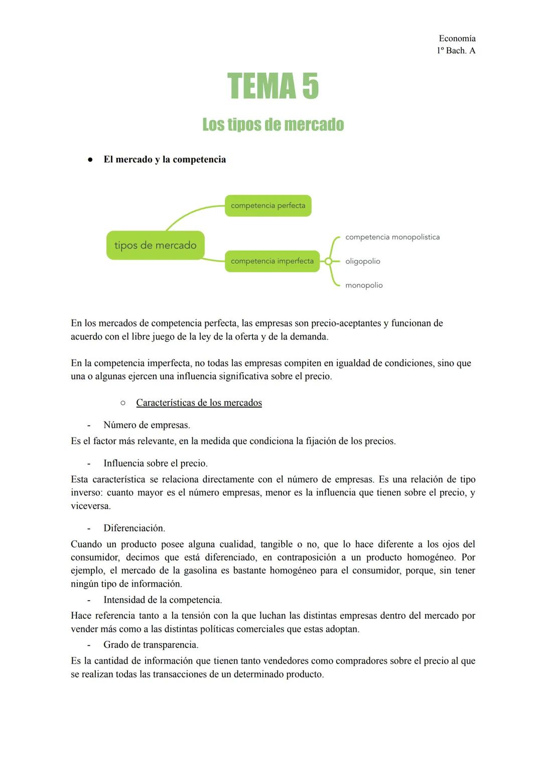 TEMA 5
Los tipos de mercado
Economía
1º Bach. A
El mercado y la competencia
competencia perfecta
competencia monopolistica
tipos de mercado
