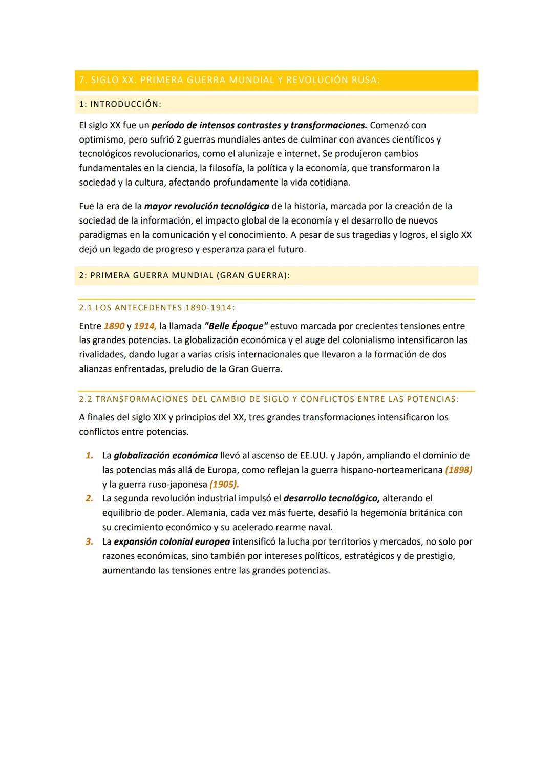 7. SIGLO XX. PRIMERA GUERRA MUNDIAL Y REVOLUCIÓN RUSA:
1: INTRODUCCIÓN:
El siglo XX fue un período de intensos contrastes y transformaciones