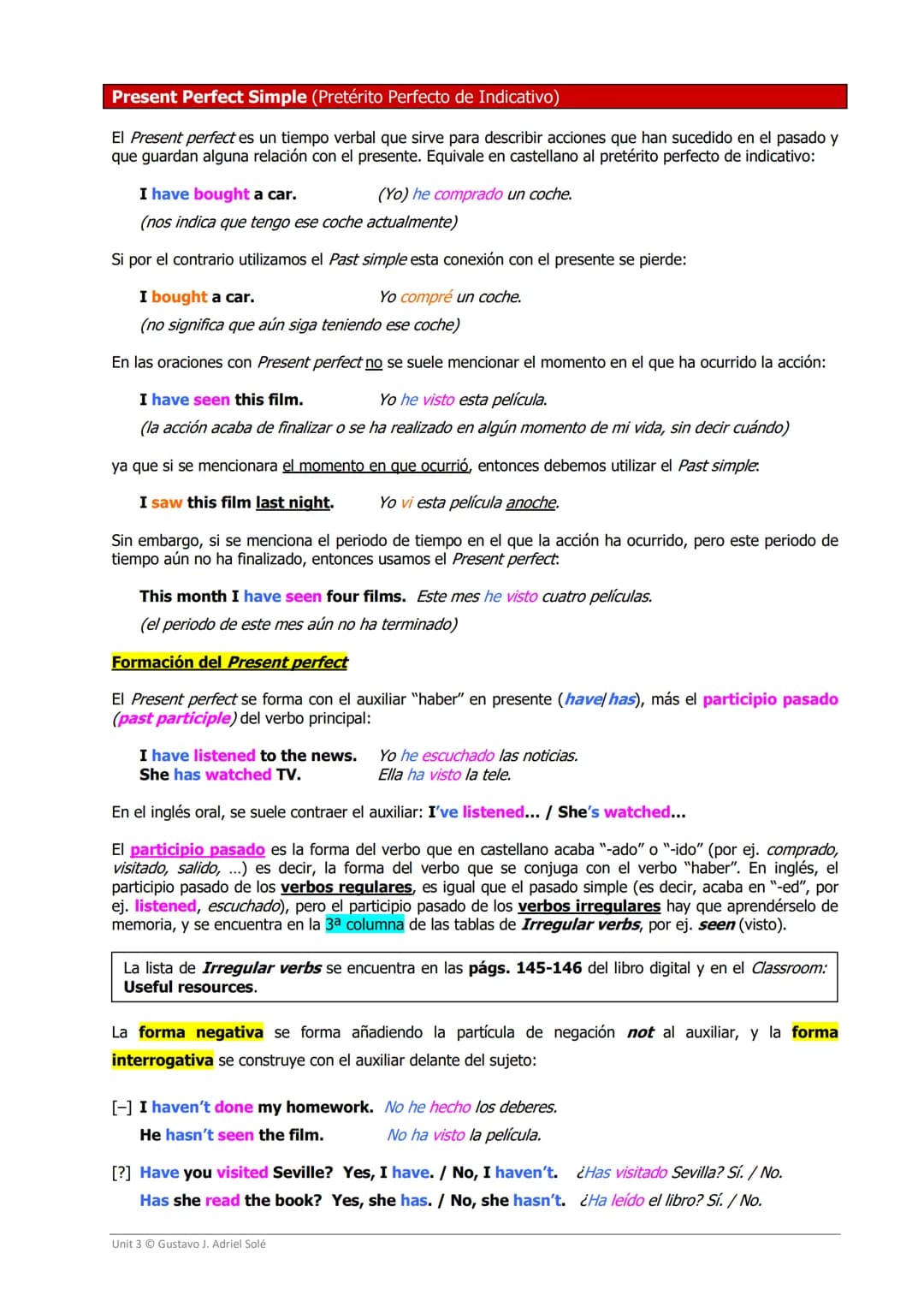 Present Perfect Simple (Pretérito Perfecto de Indicativo)
El Present perfect es un tiempo verbal que sirve para describir acciones que han s