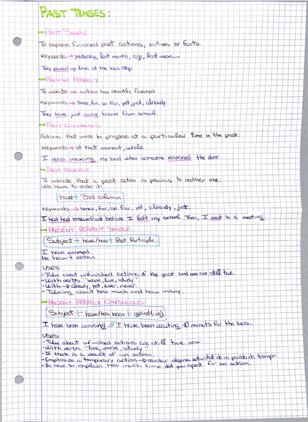 PAST TENSES:
-PAST SIMPLE:
To express finished past actions, routines or facts.
Keywords yesterday, last month, ago,
They picked up Lav at t