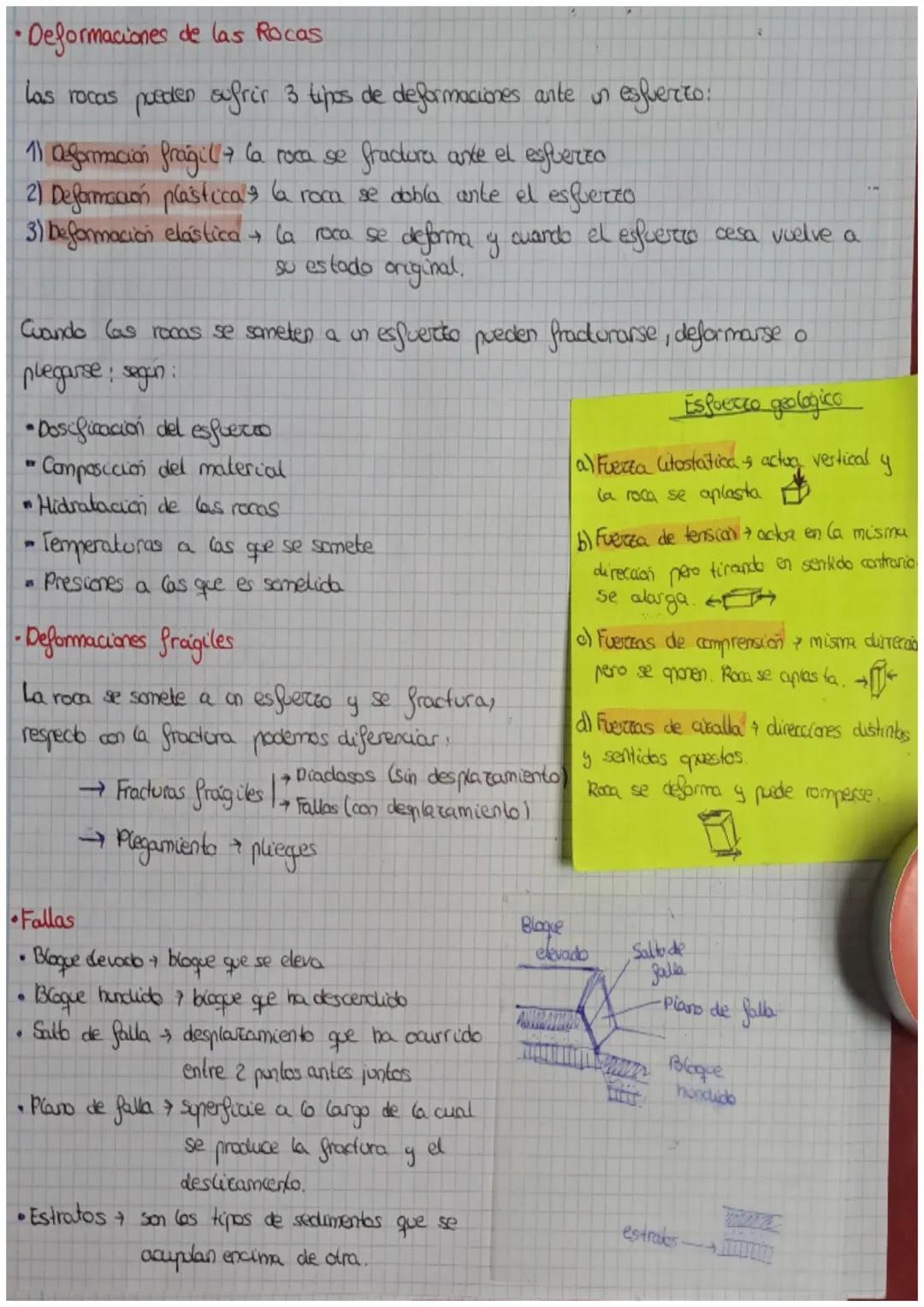 • Deformaciones de las Rocas
las rocas pueden sufrir 3 tipos de deformaciones ante un esfuerto:
1) Deformación frágil ( 7 (a roca se fractur