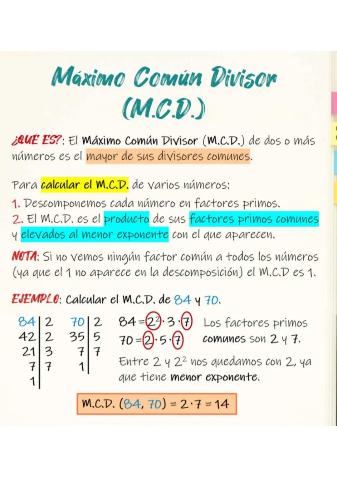 Máximo Común Divisor
(M.C.D.)
¿QUÉ ES?: El Máximo Común Divisor (M.C.D.) de dos o más
números es el mayor de sus divisores comunes.
Para cal