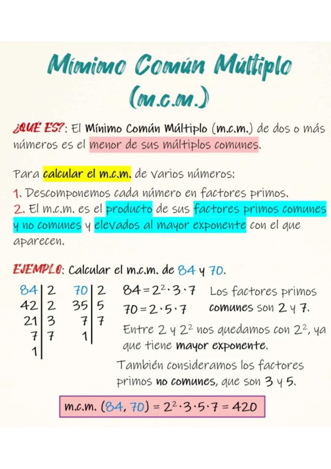 Máximo Común Divisor
(M.C.D.)
¿QUÉ ES?: El Máximo Común Divisor (M.C.D.) de dos o más
números es el mayor de sus divisores comunes.
Para cal
