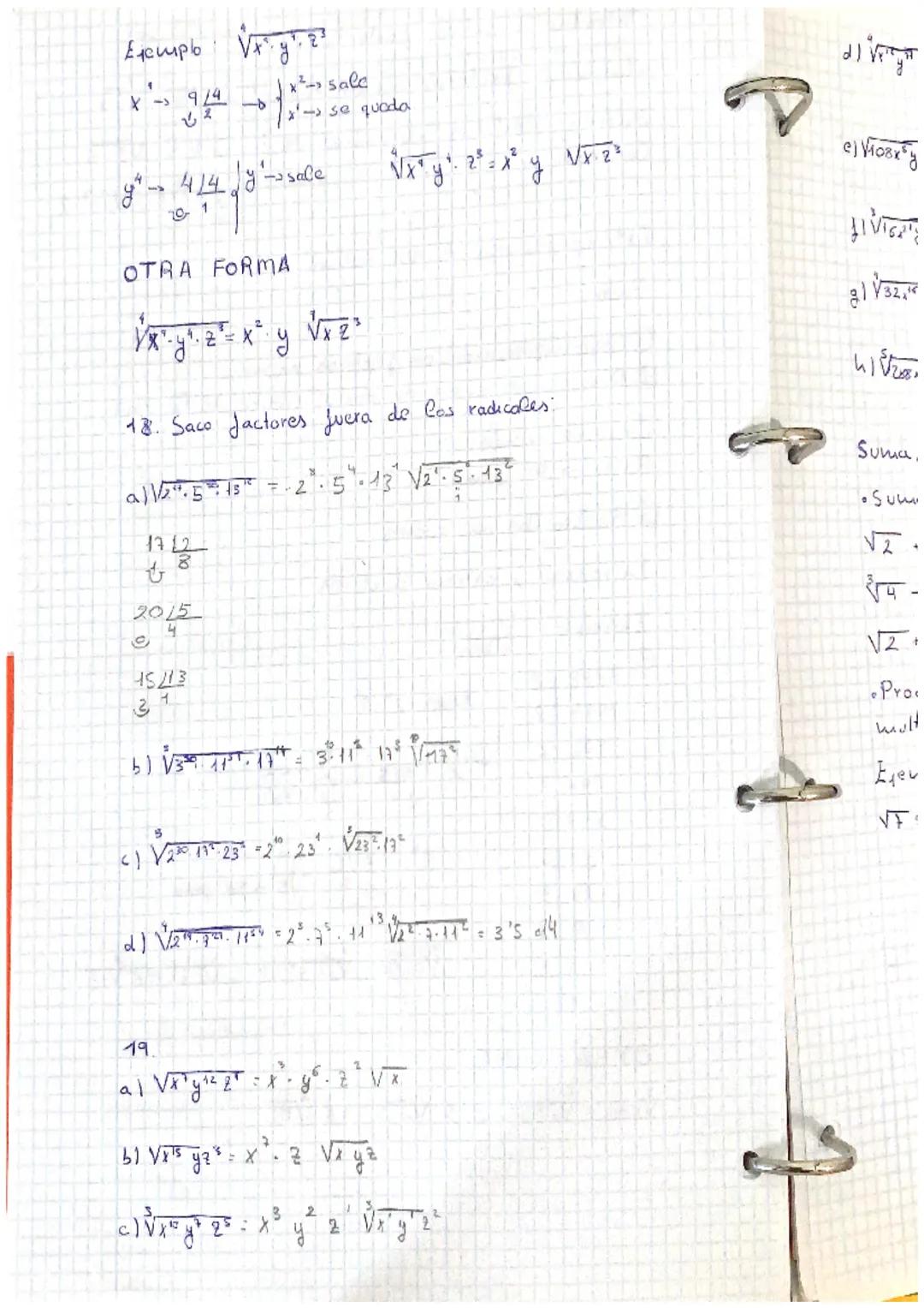 Introducir y extraer factores.

•lutroducir factores en un radical $+2\sqrt{3}=\sqrt[2]{3}$

Eutran elevadas al indice de $3\sqrt{5}=\sqrt[3