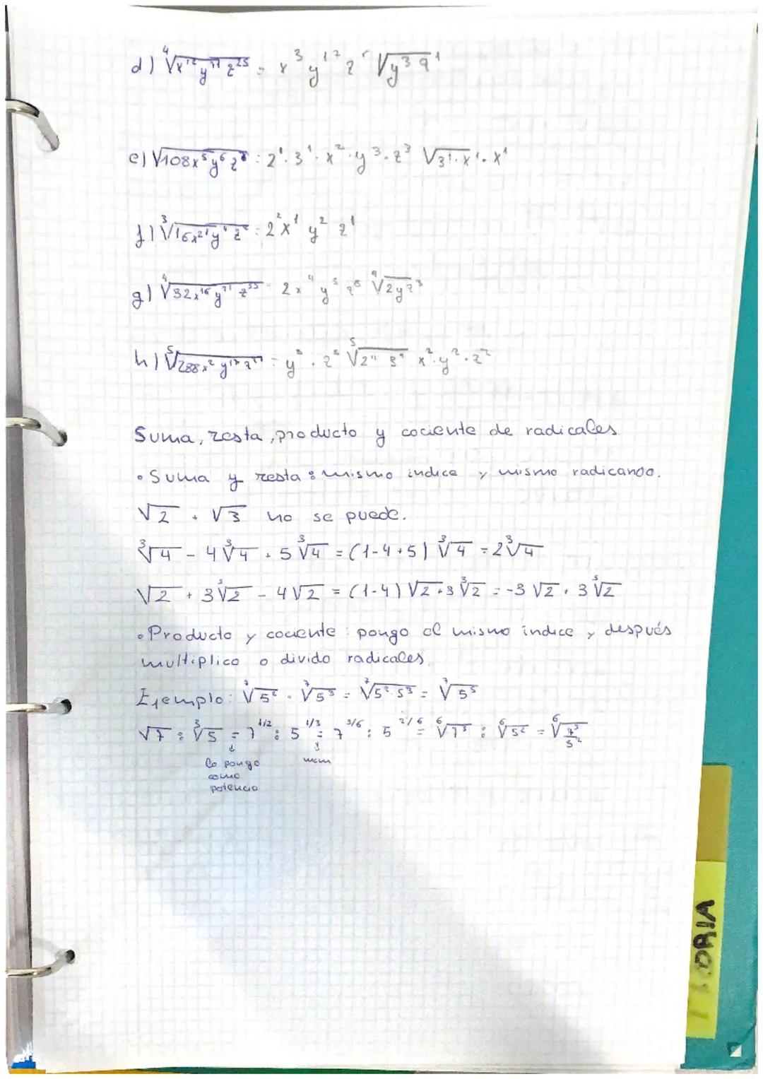 Introducir y extraer factores.

•lutroducir factores en un radical $+2\sqrt{3}=\sqrt[2]{3}$

Eutran elevadas al indice de $3\sqrt{5}=\sqrt[3
