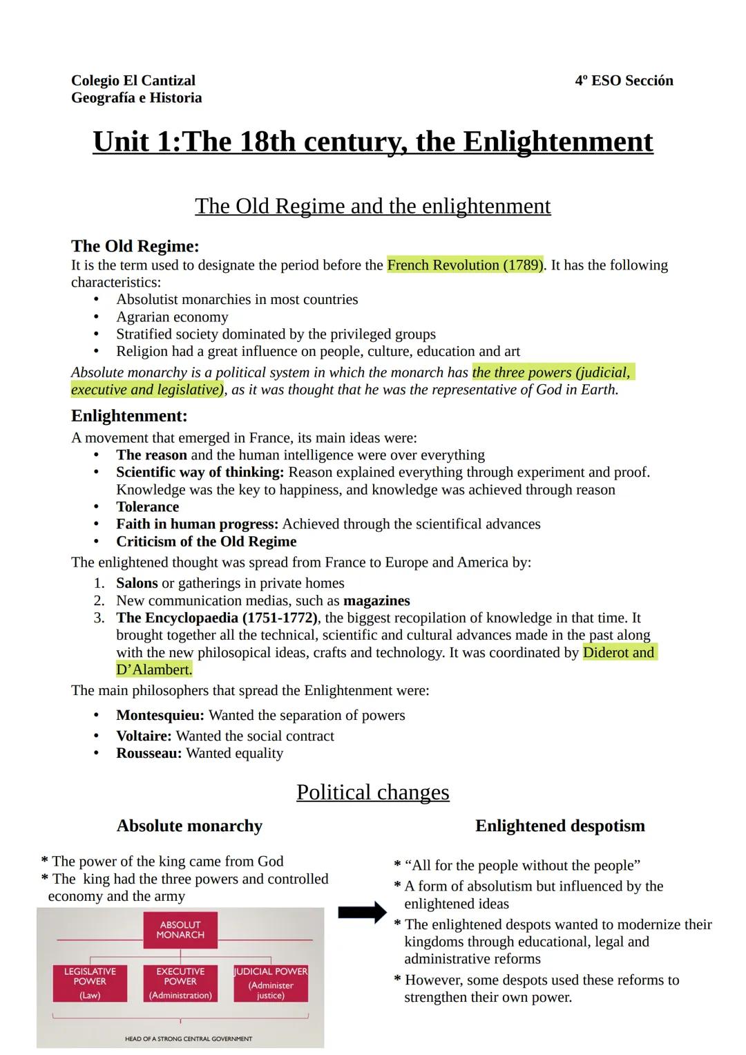 Colegio El Cantizal
Geografía e Historia
Unit 1:The 18th century, the Enlightenment
The Old Regime:
It is the term used to designate the per