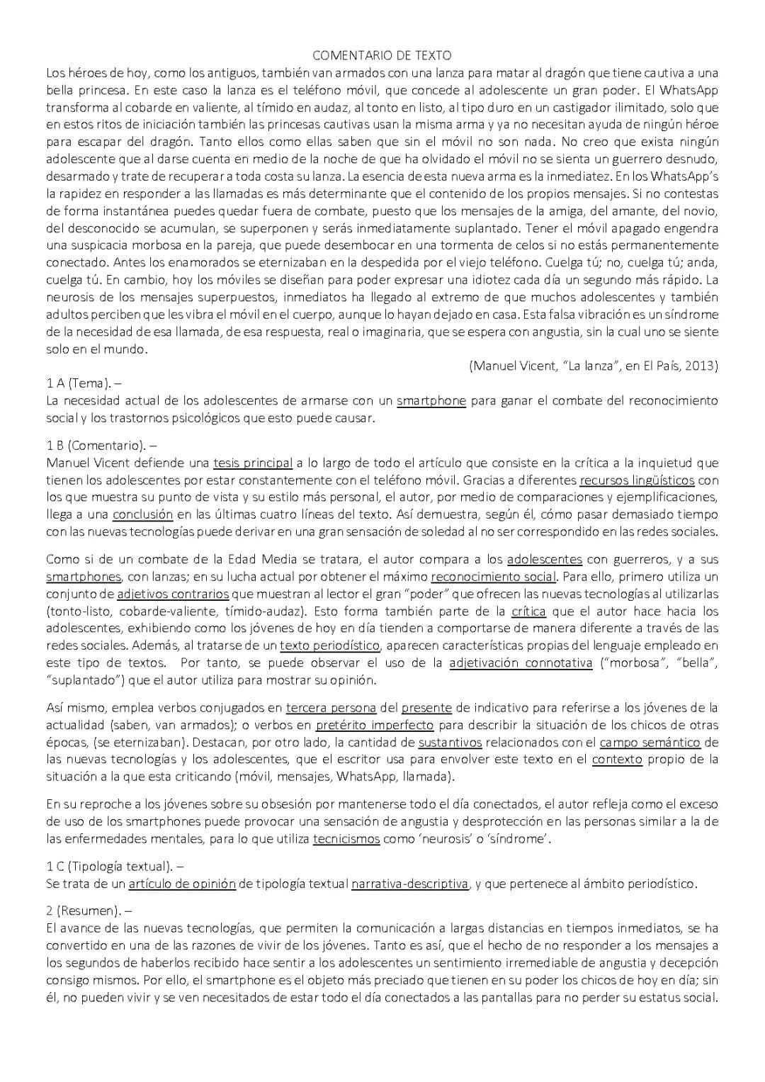 Ejemplo Claro de Comentario de Texto en Lengua