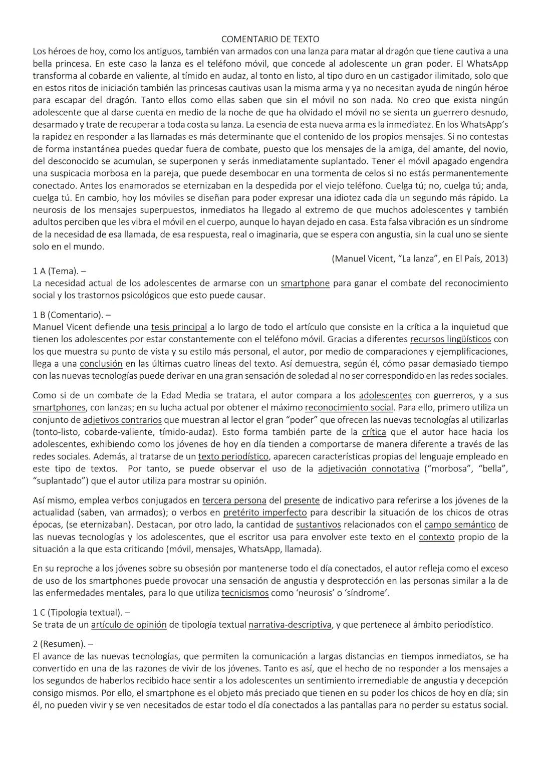 COMENTARIO DE TEXTO
Los héroes de hoy, como los antiguos, también van armados con una lanza para matar al dragón que tiene cautiva a una
bel