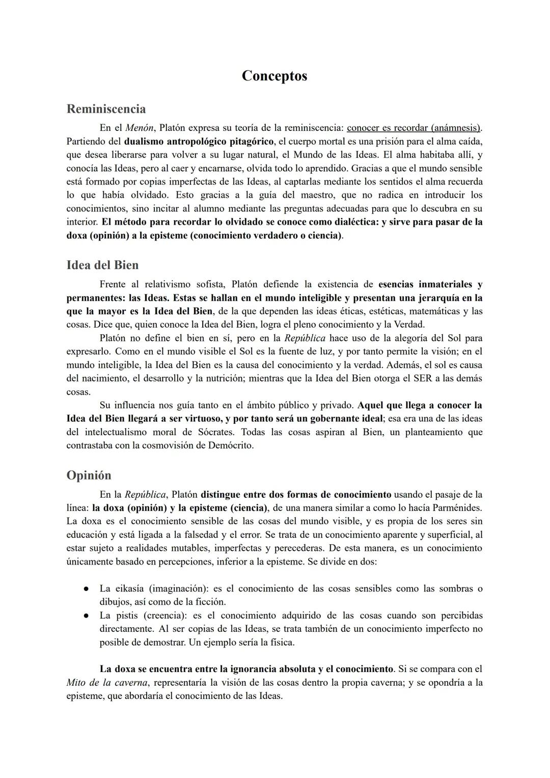 Conceptos Principales en la Filosofía de Platón: Reminiscencia, Idea del Bien, Opinión y Dialéctica