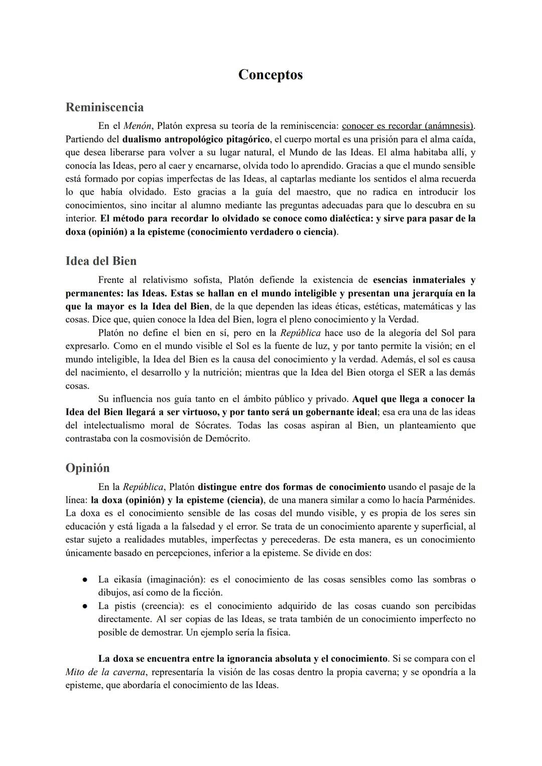 Conceptos
Reminiscencia
En el Menón, Platón expresa su teoría de la reminiscencia: conocer es recordar (anámnesis).
Partiendo del dualismo a
