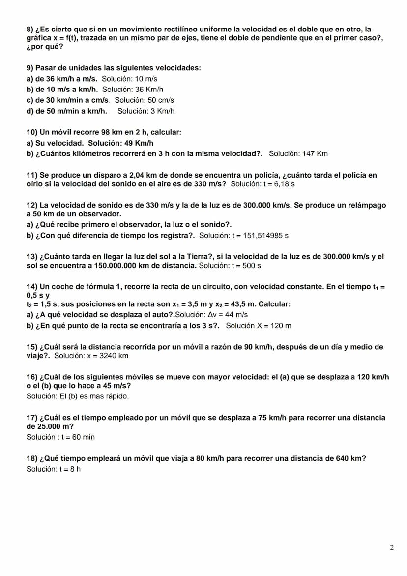FÍSICA Y QUÍMICA 4º ESO
Problemas MRU
1) ¿A cuántos m/s equivale la velocidad de un móvil que se desplaza a 72 km/h?
Solución: 20 m/s
2) Un 