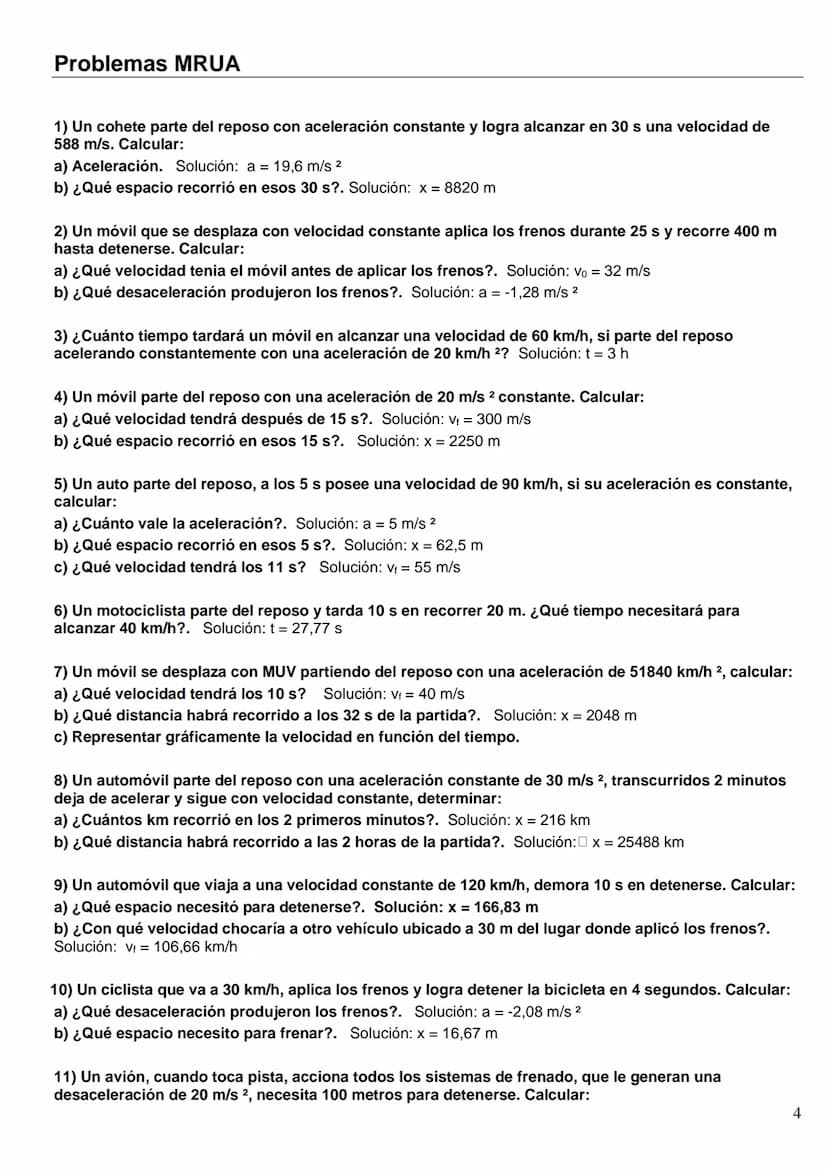 FÍSICA Y QUÍMICA 4º ESO
Problemas MRU
1) ¿A cuántos m/s equivale la velocidad de un móvil que se desplaza a 72 km/h?
Solución: 20 m/s
2) Un 