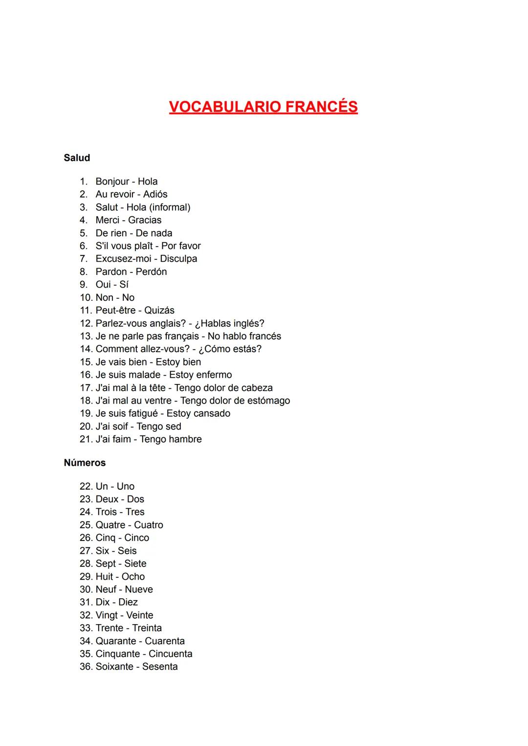 Salud
1. Bonjour - Hola
2. Au revoir - Adiós
3. Salut Hola (informal)
4. Merci - Gracias
5. De rien - De nada
6. S'il vous plaît - Por favor
