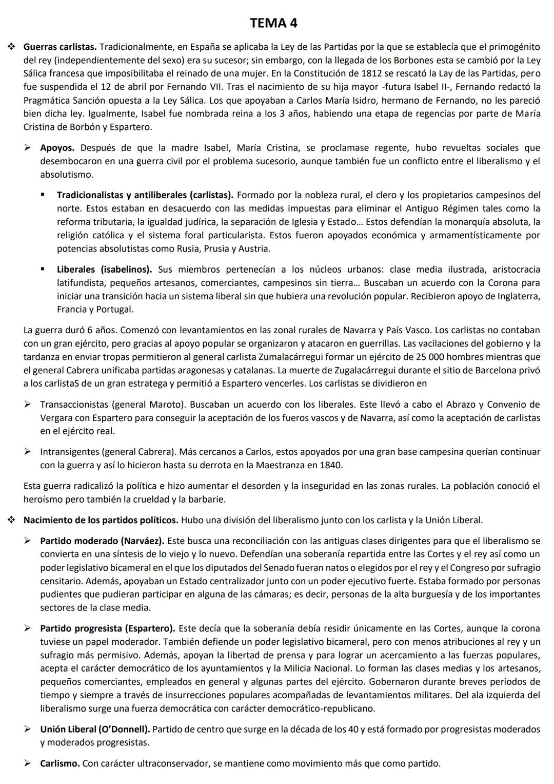 TEMA 4
Guerras carlistas. Tradicionalmente, en España se aplicaba la Ley de las Partidas por la que se establecía que el primogénito
del rey