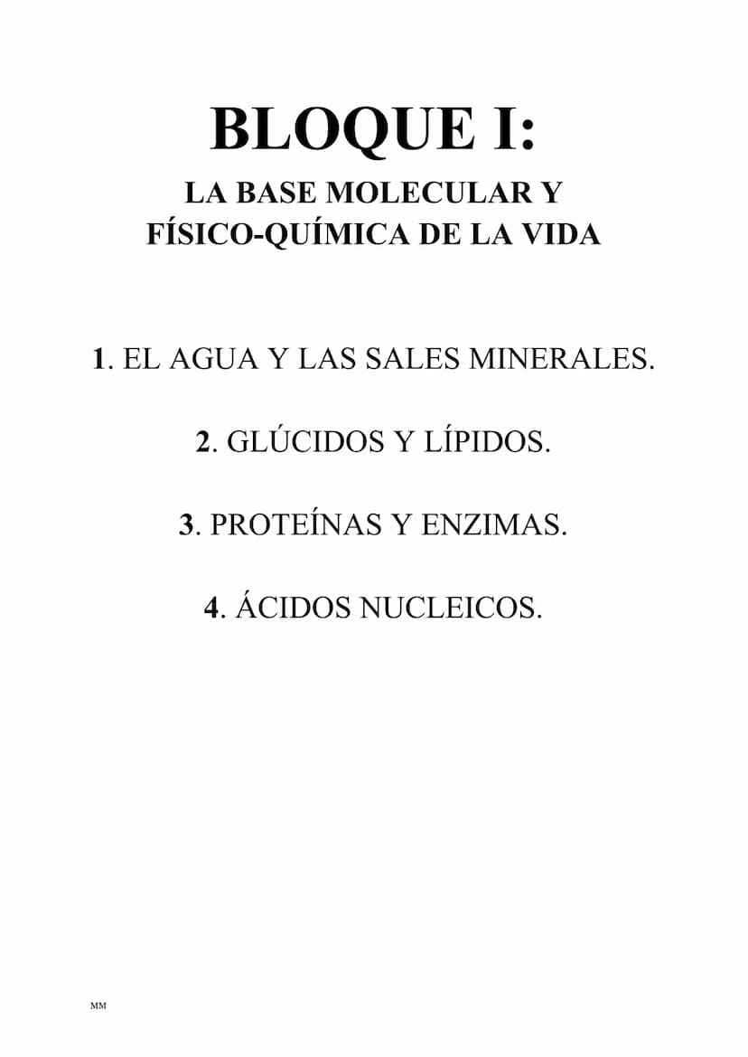 MM
BIOLOGÍA
PARA SACAR UN 10! BLOQUE I:
LA BASE MOLECULAR Y
FÍSICO-QUÍMICA DE LA VIDA
1. EL AGUA Y LAS SALES MINERALES.
MM
2. GLÚCIDOS Y LÍP