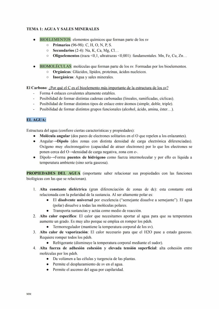 MM
BIOLOGÍA
PARA SACAR UN 10! BLOQUE I:
LA BASE MOLECULAR Y
FÍSICO-QUÍMICA DE LA VIDA
1. EL AGUA Y LAS SALES MINERALES.
MM
2. GLÚCIDOS Y LÍP