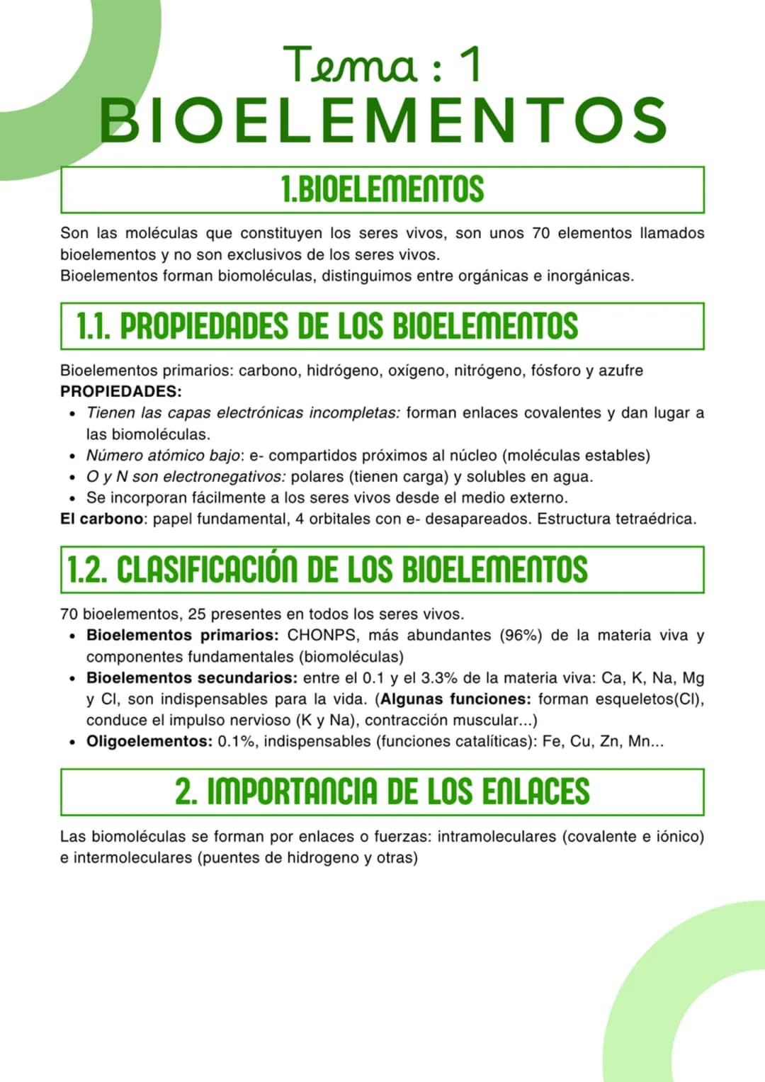 # Tema : 1

# BIOELEMENTOS

## 1.BIOELEMENTOS

Son las moléculas que constituyen los seres vivos, son unos 70 elementos llamados bioelemento