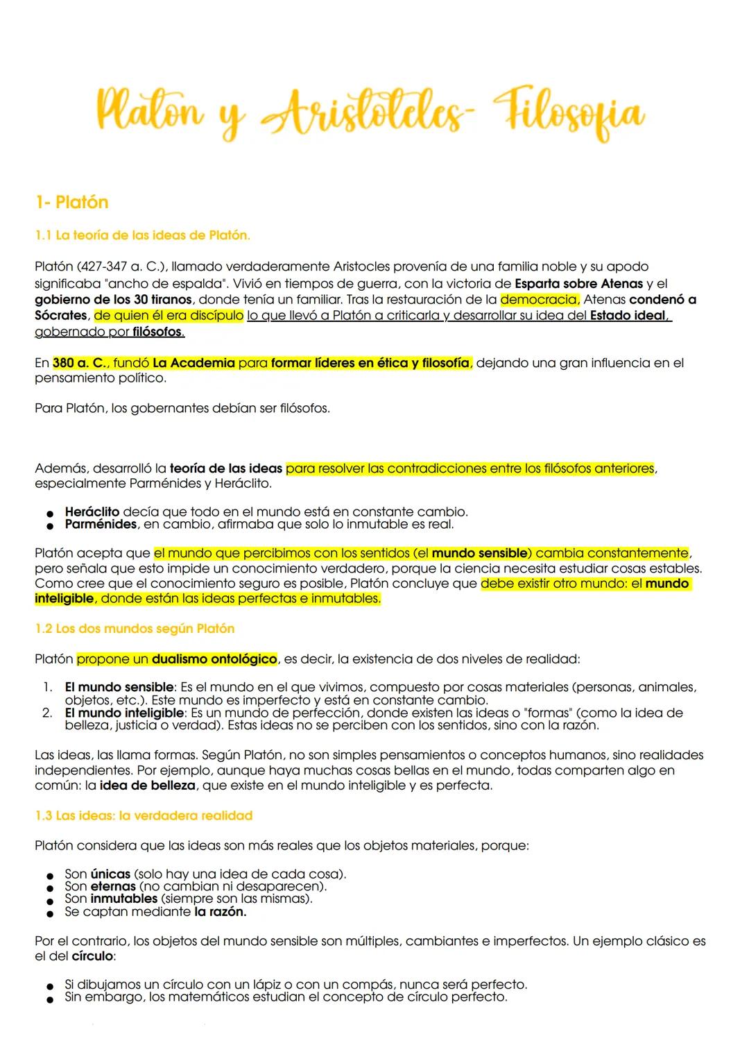 --- OCR Start ---
Platon y Aristoteles- Filosofia
1- Platón
1.1 La teoría de las ideas de Platón.
Platón (427-347 a. C.), llamado verdaderam
