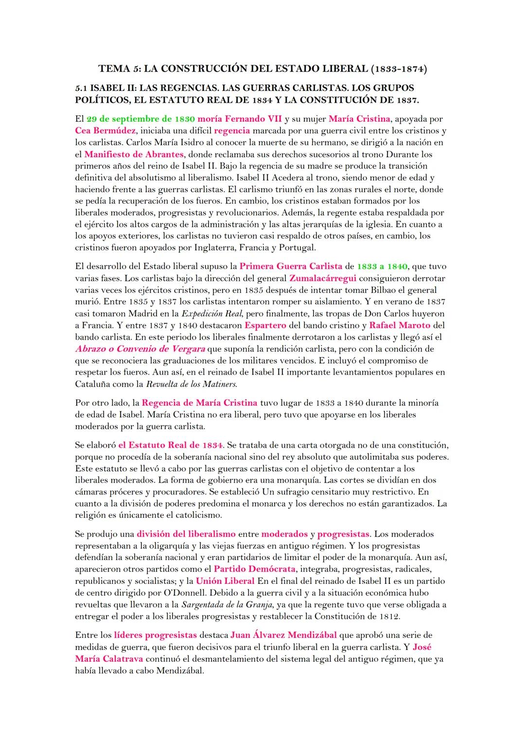 TEMA 5: LA CONSTRUCCIÓN DEL ESTADO LIBERAL (1833-1874)
5.1 ISABEL II: LAS REGENCIAS. LAS GUERRAS CARLISTAS. LOS GRUPOS
POLÍTICOS, EL ESTATUT