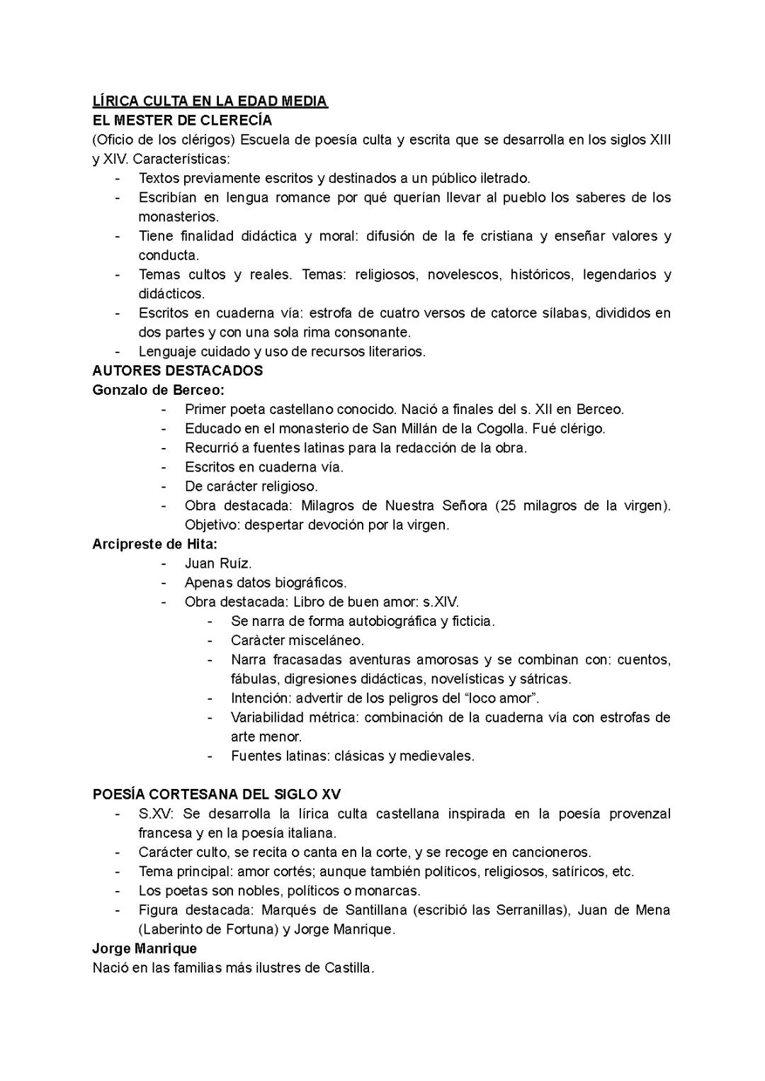 Resumen literatura castellana. 