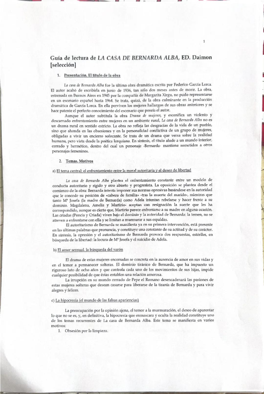 1
Guía de lectura de LA CASA DE BERNARDA ALBA, ED. Daimon
[selección]
1. Presentación. El título de la obra
La casa de Bernarda Alba fue la 